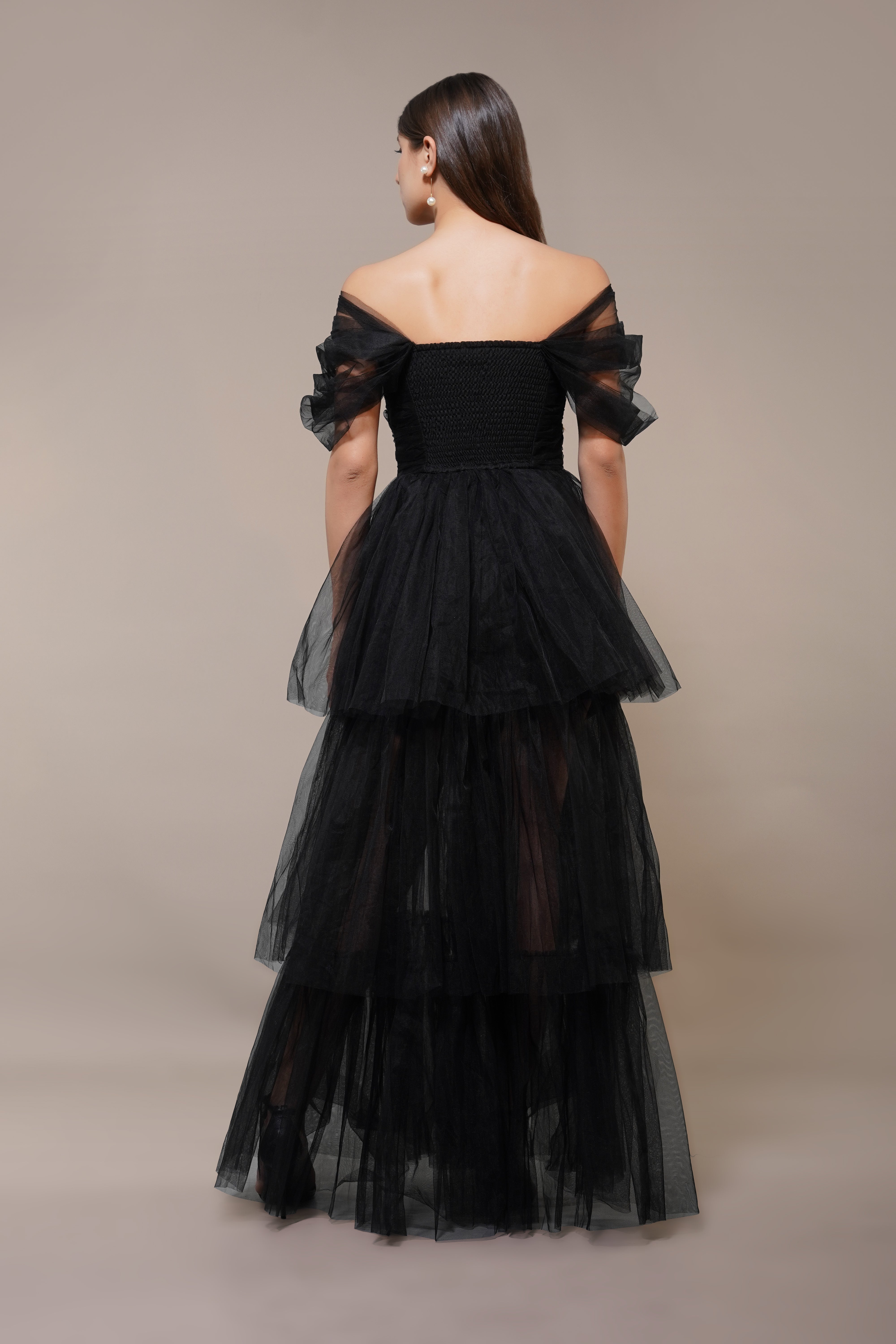 Elegant Black Off Shoulder Tulle Maxi Dress for Women - Perfect for Weddings, Parties & Special Occasions