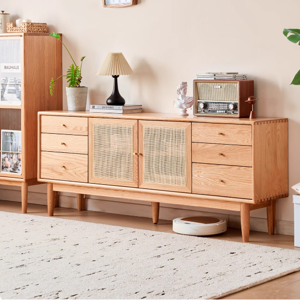 Modern Oak Solid Wood Rattan TV Stand with Storage - Entertainment Center for Living Room, Bedroom & Home Theater Setup