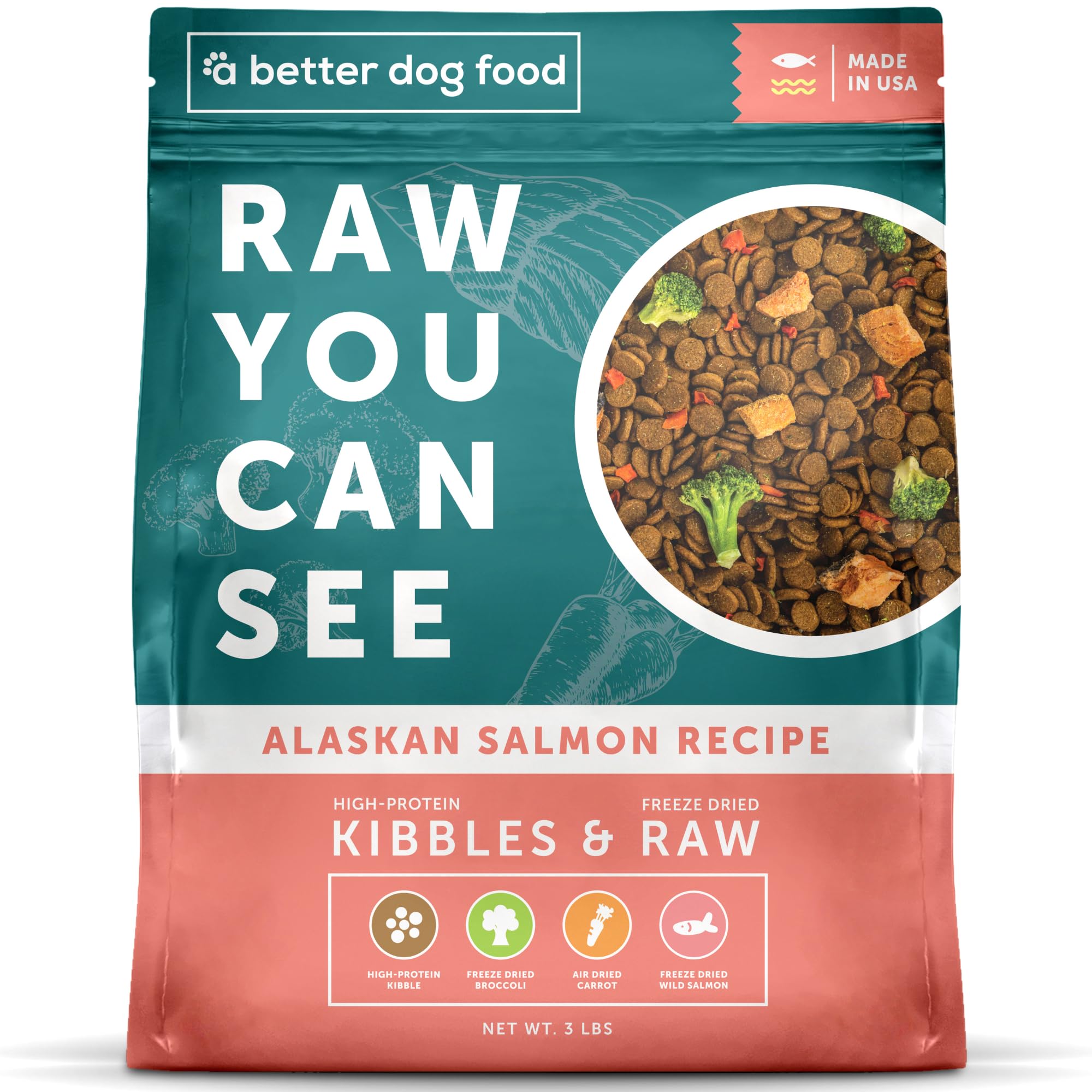 Premium Salmon Dry Dog Food with Freeze-Dried Raw Toppers - High Protein Kibble for All Breeds & Ages | Ideal for Active Dogs, Puppy Growth & Senior Dog Health | Made in USA
