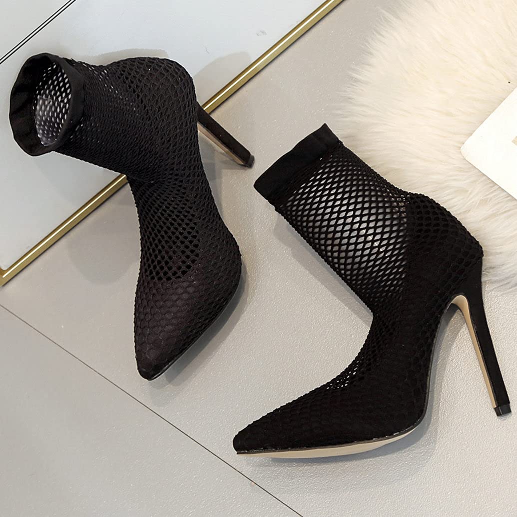 Meefit Women's Mesh Ankle Boots - Stiletto Heel Pointed Toe Perforated Sock Boots for Party, Club & Evening Wear | Comfortable High Heel Booties for Women