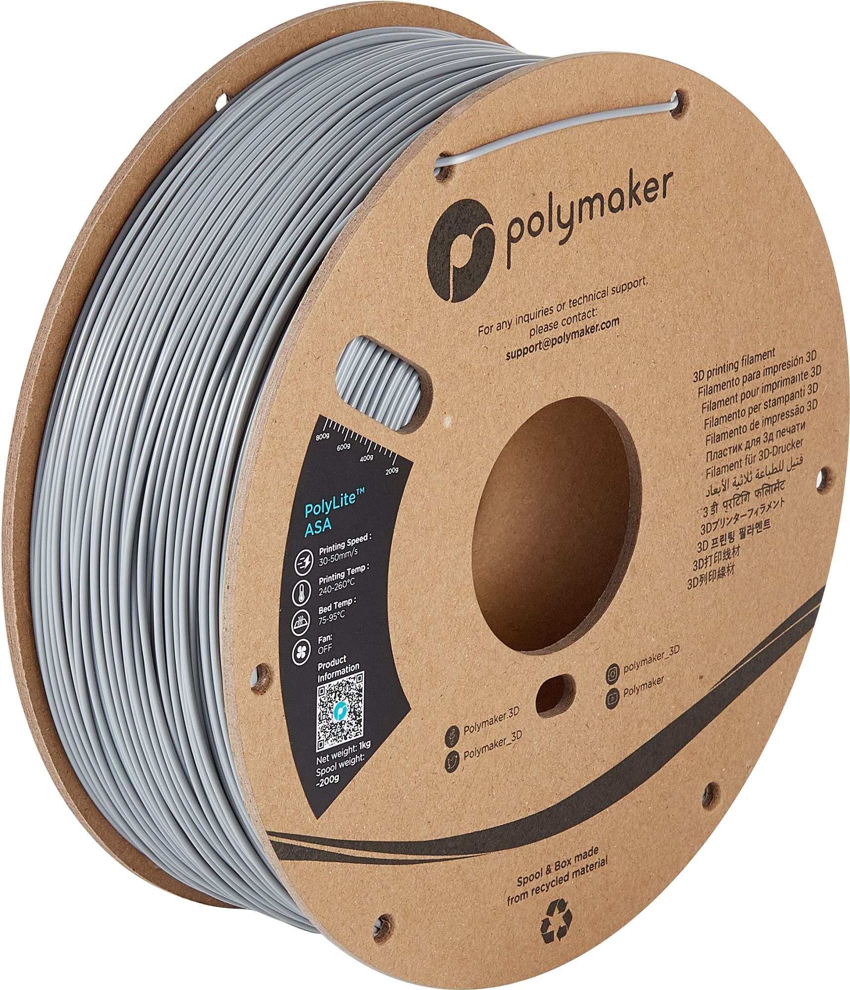 Polymaker 2.85mm ASA 3D Printer Filament - 1kg Spool, Heat & Weather Resistant, Grey - Compatible with 2.85mm Nozzle 3D Printers - Ideal for Outdoor, Automotive & Functional Parts Printing