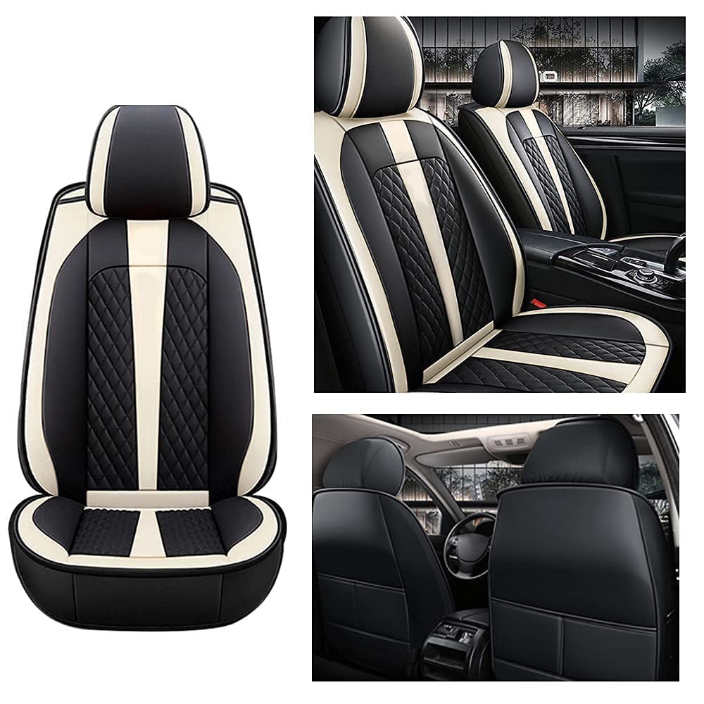 Premium PU Leather Universal Car Seat Covers - Standard Front 2 Seats for Honda Accord, Civic, CRV, CRZ, Crider & Crosstour | Comfortable Soft Cushion Protection Pads (Black/Beige) | Perfect for Daily Commute & Road Trips
