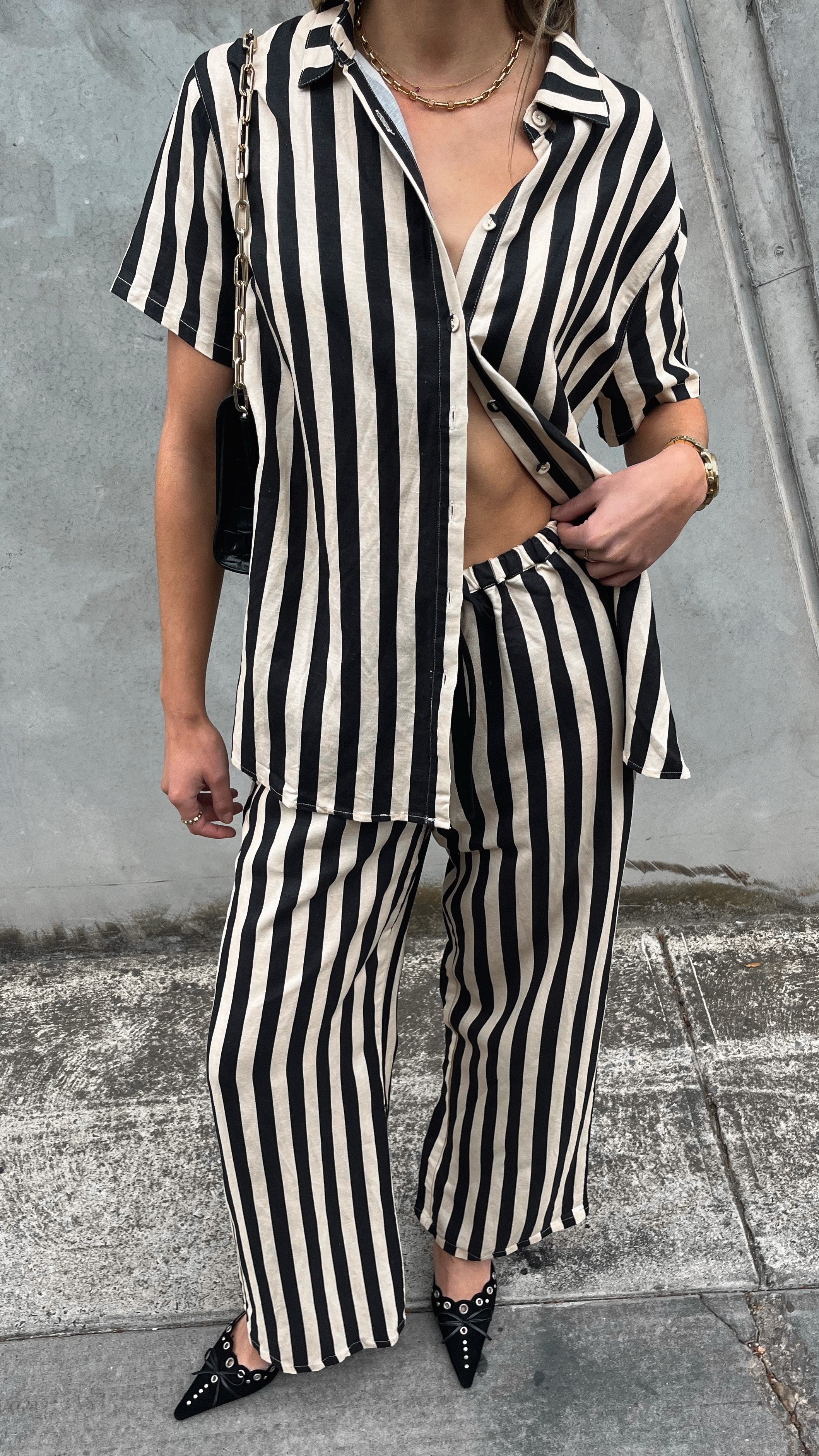 Josie Pants for Women - Black & Beige Striped High-Waisted Trousers | Comfortable Office Work Pants & Casual Wear for Everyday Outfits