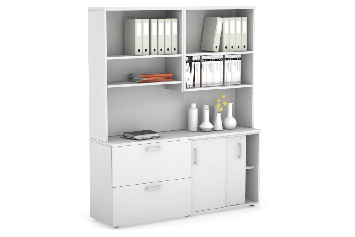 2-Door Sliding Credenza with 2 Drawers & Open Hutch - Modern Office Storage Cabinet for Files, Supplies & Decor - Perfect for Home Office, Conference Rooms & Workspaces