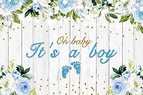 Yeele 7x5ft Baby Shower Backdrop - Blue & White Floral Woodland Theme with Footprints for Gender Reveal, Newborn Photo Shoot, Birthday Party Decorations | Perfect for Cake Smash Photos, Nursery Wall Decor & Boy's First Birthday Party