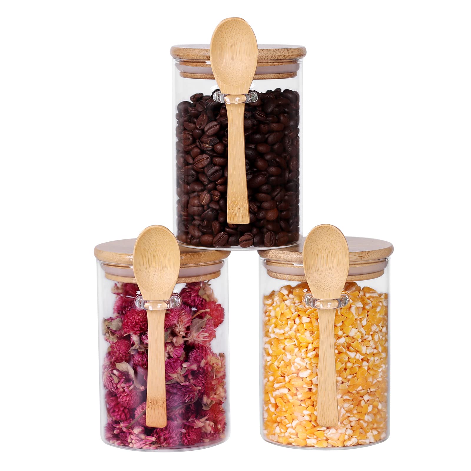 17oz Glass Jars with Bamboo Lids & Spoon - Set of 3 Small Airtight Containers for Sugar, Coffee, Tea Storage | Perfect for Kitchen Pantry, Coffee Bar & Tea Station Organization