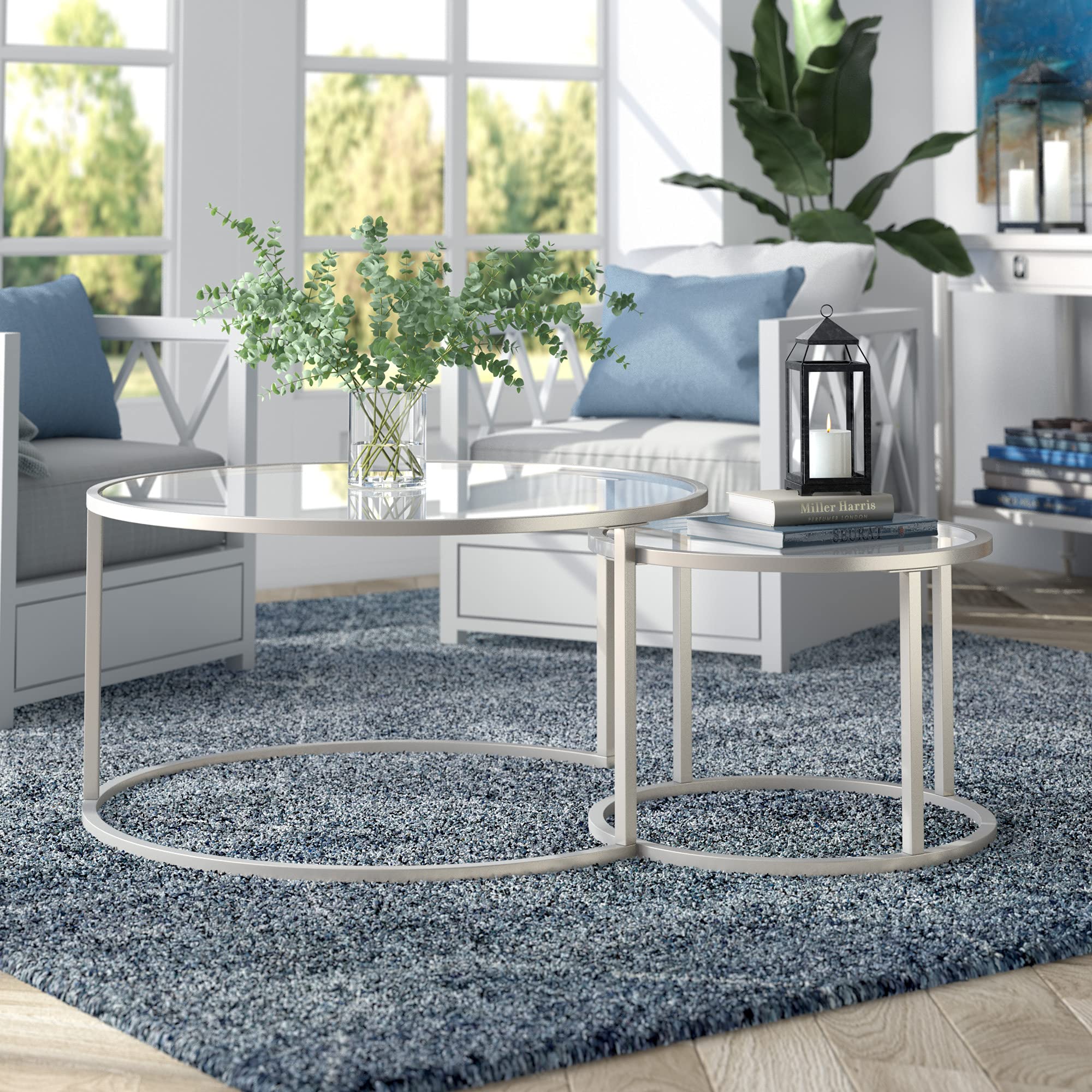 Watson Round Nested Coffee Table Set - Modern Satin Nickel Finish Side Tables for Living Room, Bedroom & Office - Perfect for Small Spaces & Home Decor