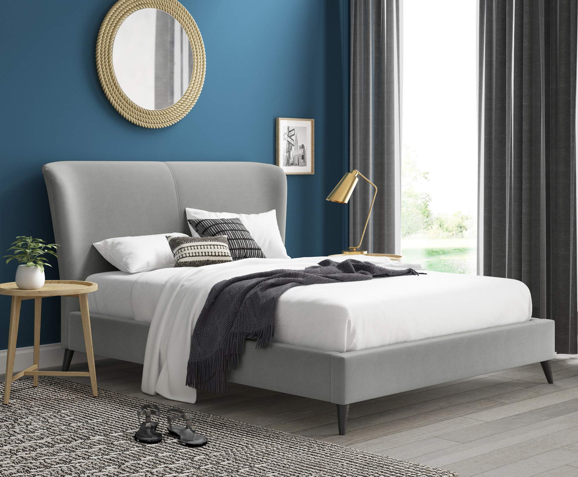 Luxury Adele Wingback Upholstered Platform Bed with Plush Velvet Fabric - Curved Tall Headboard & Padded Frame - Classic Wood Cone Legs - King Size Grey Bed - Perfect for Master Bedroom & Guest Room Decor