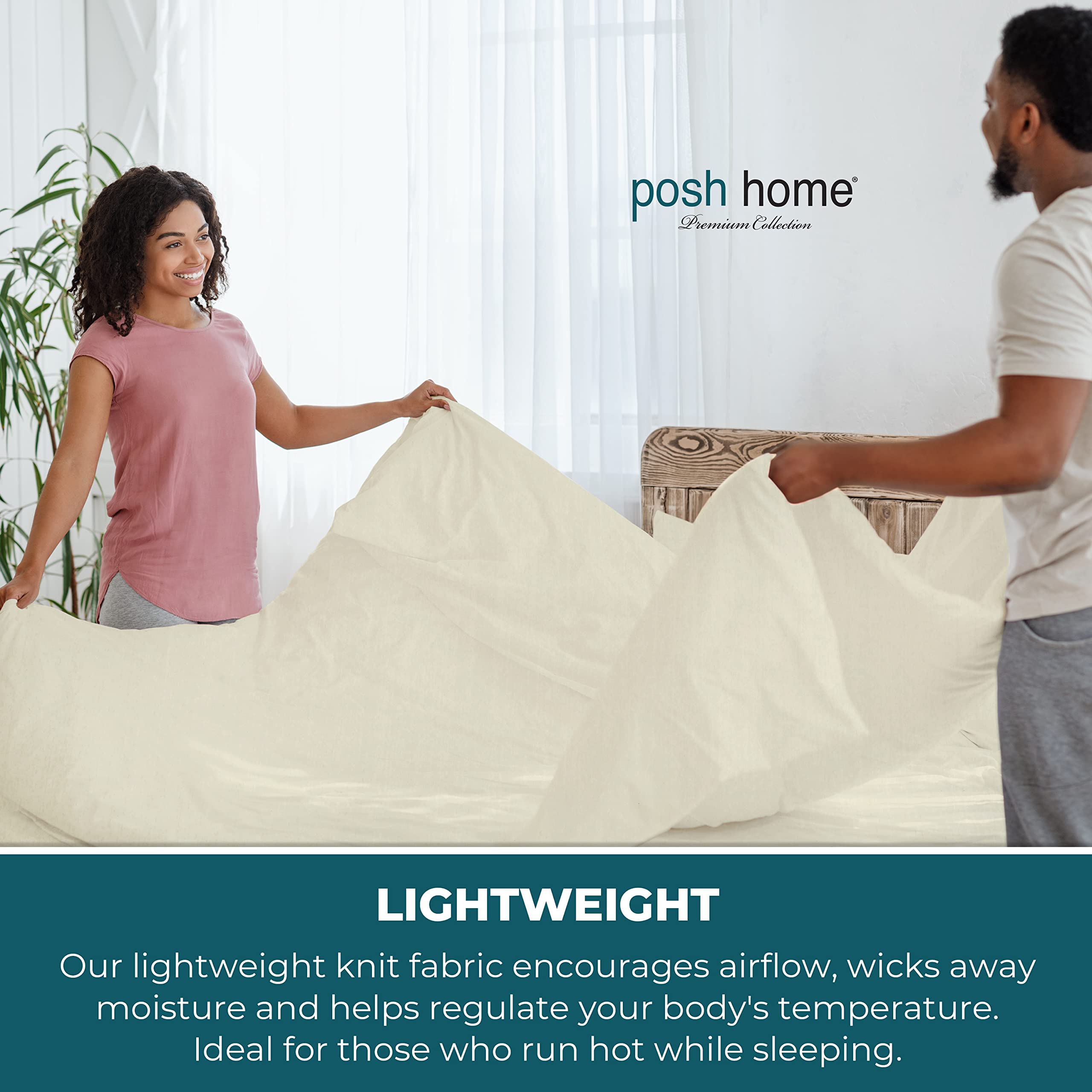 Posh Home Jersey Knit Sheet Set - 4-Piece Soft & Breathable Cotton Jersey Bed Sheets - Includes Flat Sheet, Fitted Sheet & 2 Pillowcases - Full Size Cream Jersey Sheets for Comfortable Sleep & Cozy Bedroom Decor