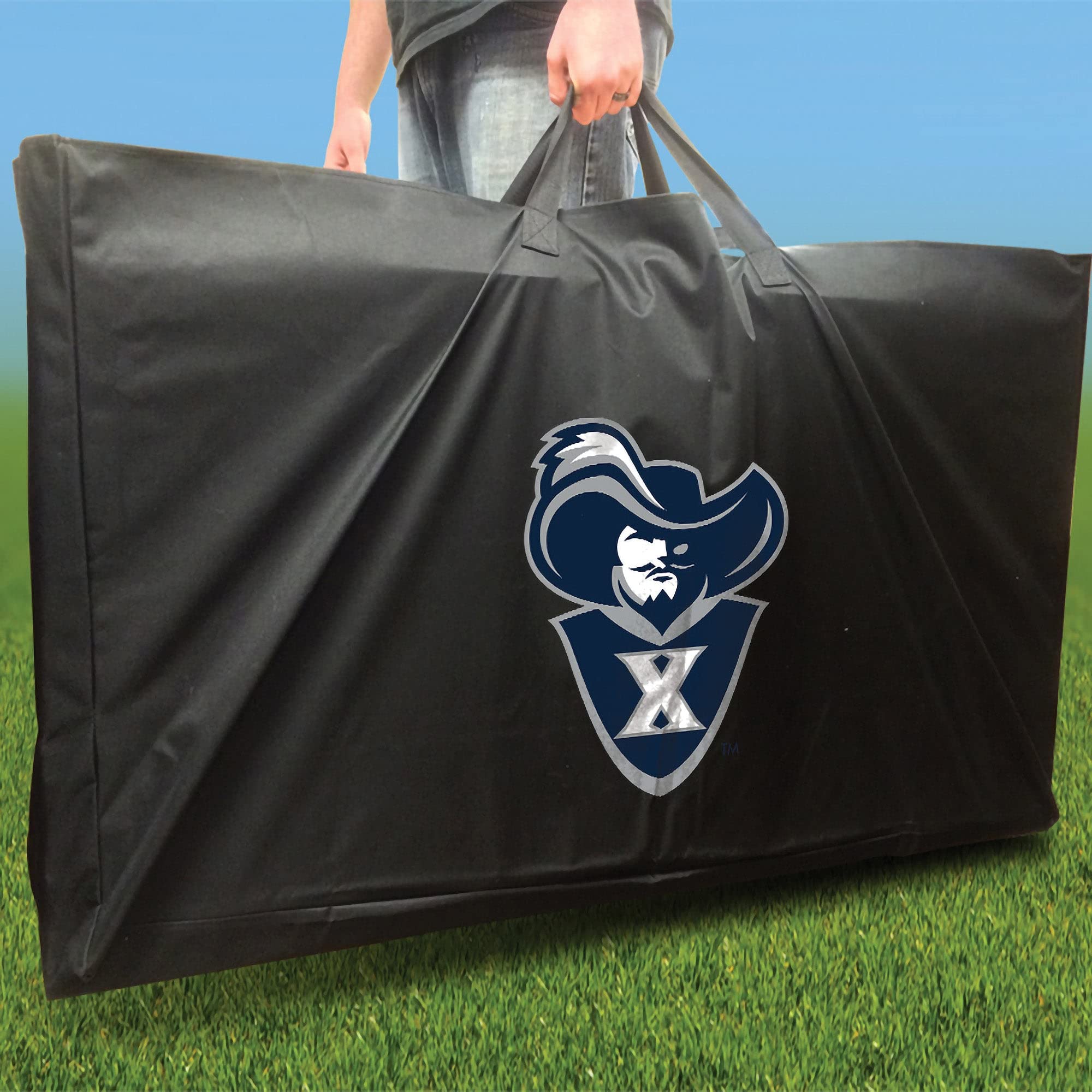 Premium Xavier Smoke Cornhole Boards Set - 2 Regulation-Sized Boards & 8 Custom Team Logo Bags for Outdoor Games, Tailgating, Backyard Parties and BBQ Events
