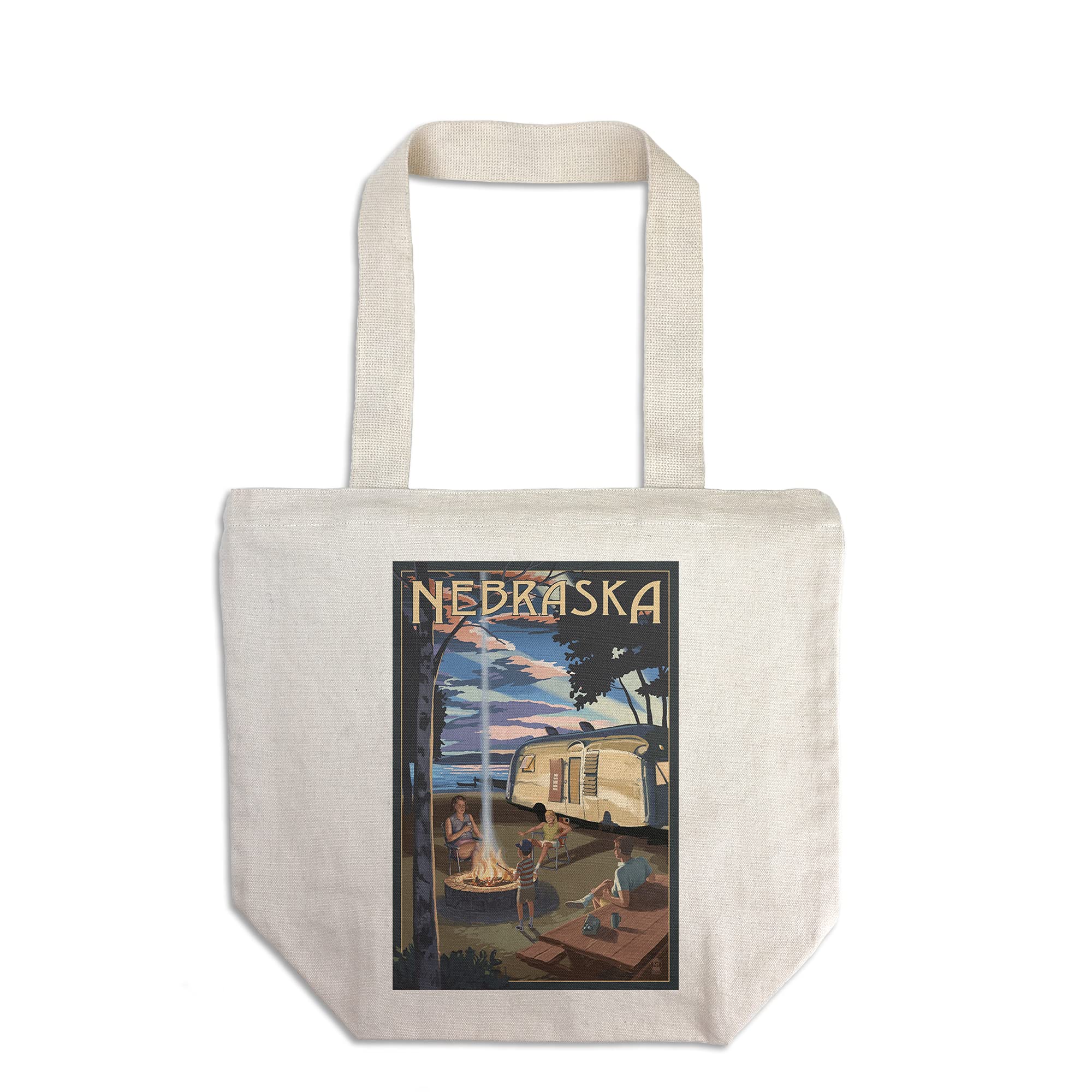 Lantern Press Nebraska Retro Camper and Lake - 100% Cotton Canvas Reusable Tote Bag for Shopping, Beach & Picnic | Eco-Friendly Grocery Bag