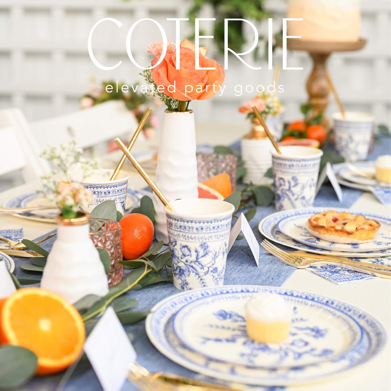 Coterie Blue Flower Paper Cups (Set of 10) - 9oz Floral Disposable Cups for Summer Party, Bridal Shower, Baby Shower, Tea Party, Garden Party & Birthday Celebrations - Elegant & Eco-Friendly Tableware for Outdoor Events & Home Decor