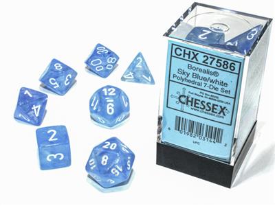 Borealis Polyhedral Sky Blue & White Luminary 7-Piece Dice Set - Perfect for Dungeons & Dragons, RPG Games, and Tabletop Adventures
