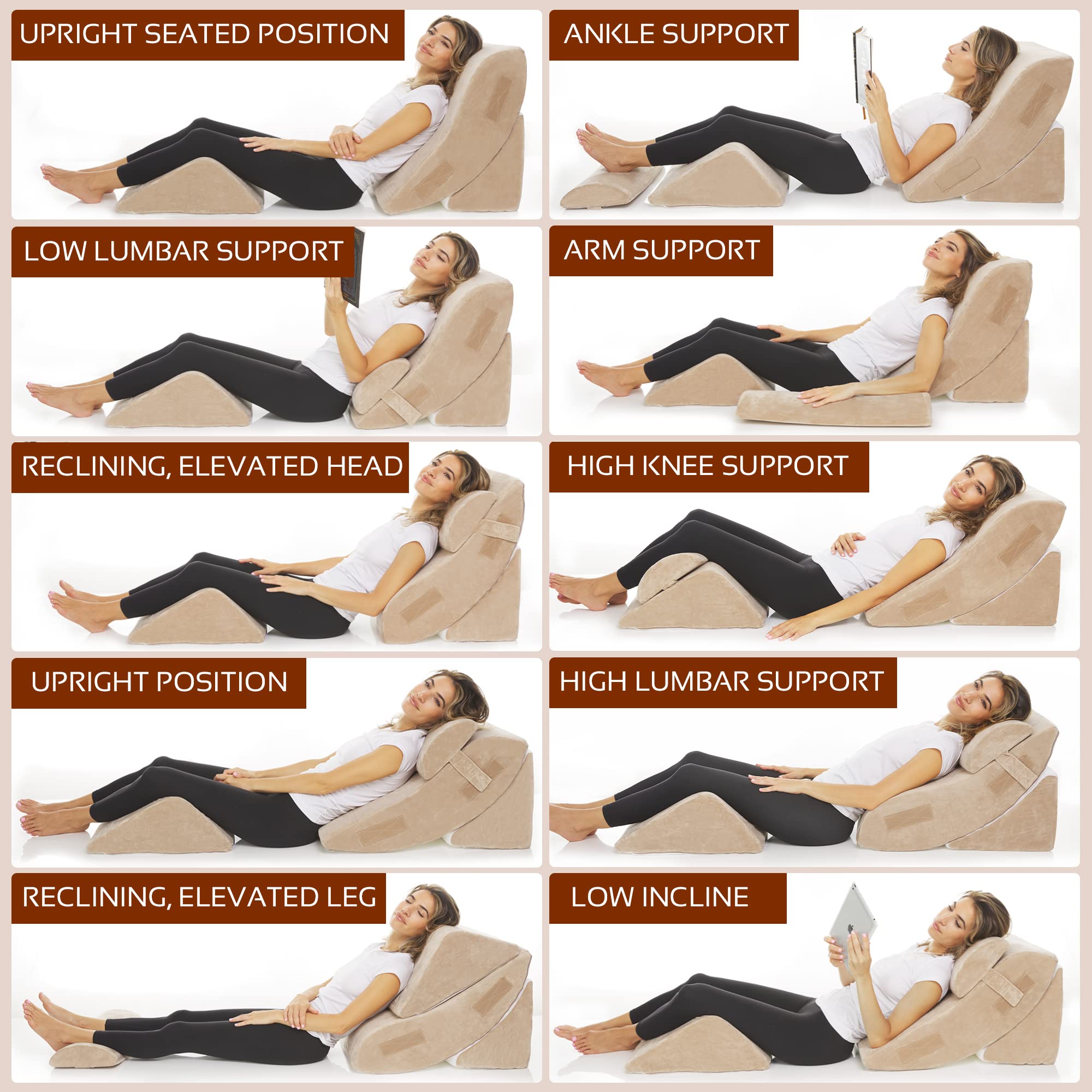 AllSett Health 4-Piece Orthopedic Bed Wedge Pillow Set with Memory Foam - Adjustable Multi-Angle Support for Back, Neck, Shoulder & Leg Pain Relief - Machine Washable Cover - Perfect for Sleeping, Reading, and Post-Surgery Recovery