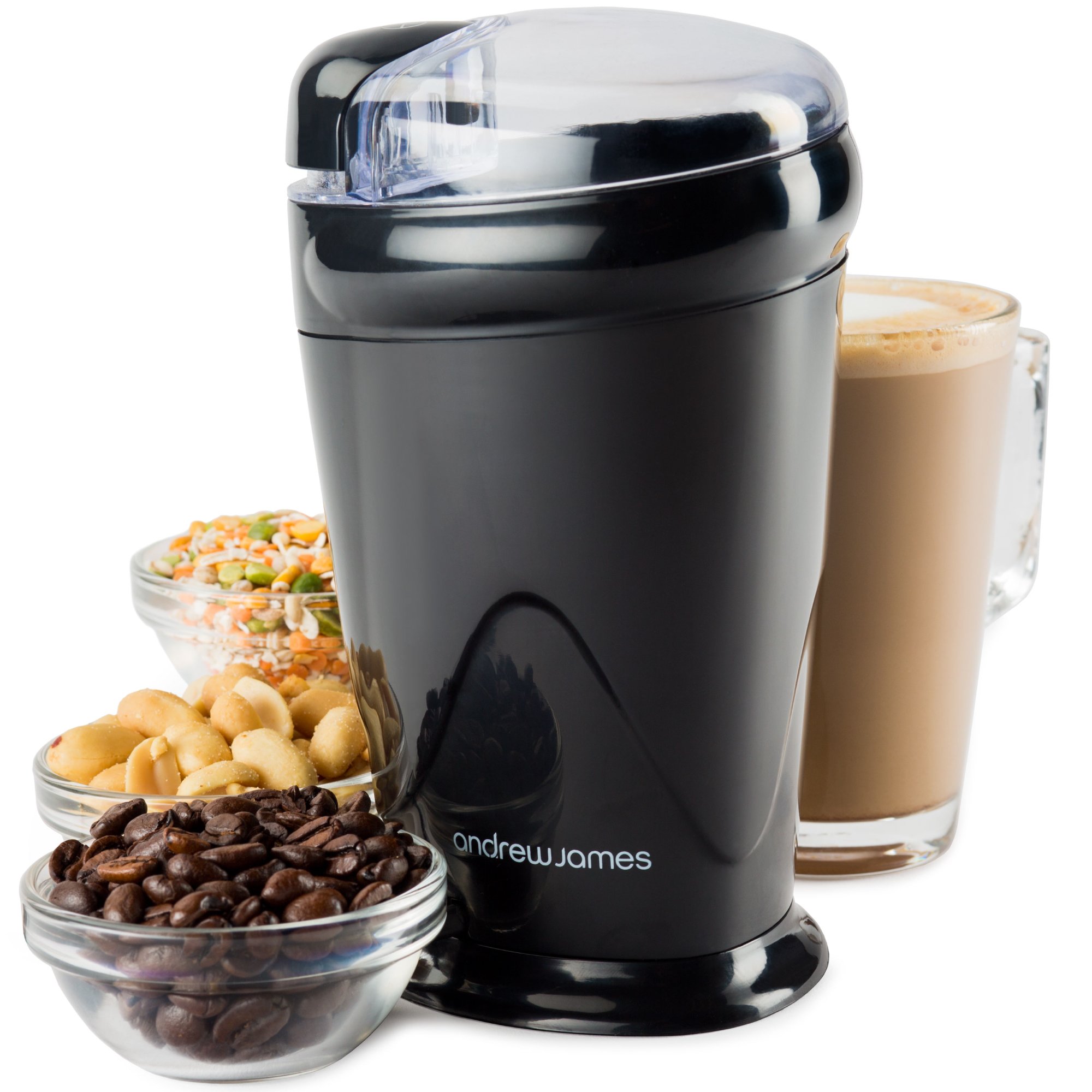 Andrew James Electric Coffee Grinder - Powerful 150W Compact Coffee Bean, Nut & Spice Grinder for Home Kitchen - One Touch Operation with 70g Stainless Steel Basin & Cleaning Brush (Black) - Perfect for Espresso, French Press, Cold Brew & Baking