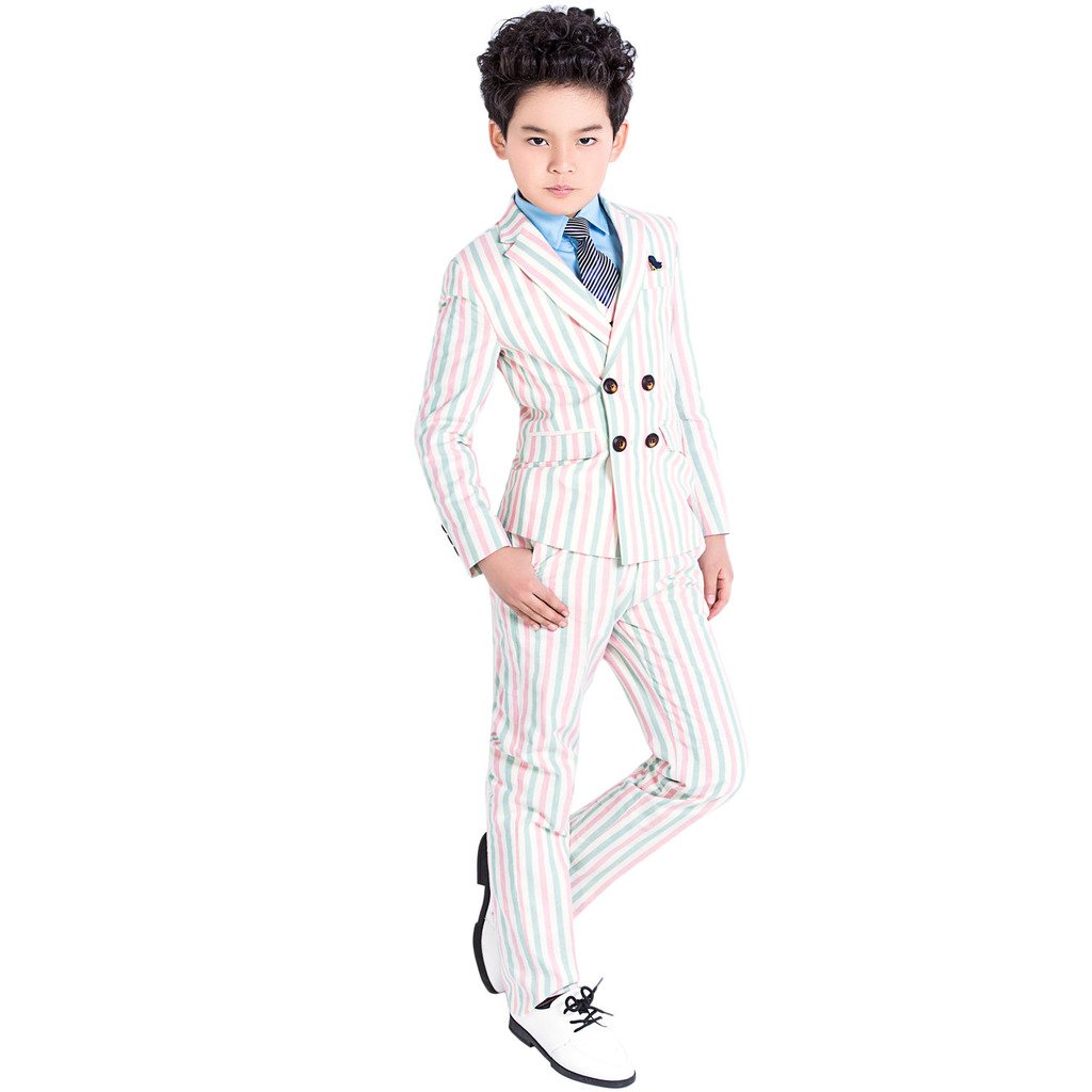 Korean Style Boys' Formal Suit - Color Block Striped Blazer & Pants Set for Weddings, School Photos & Special Occasions
