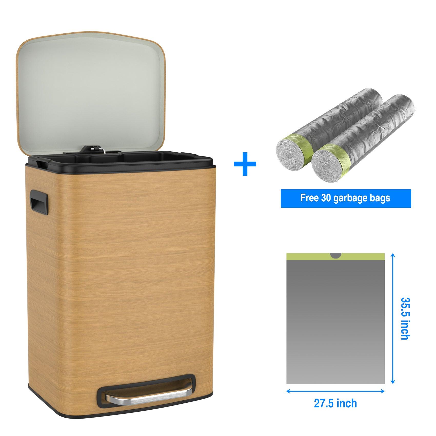 13 Gallon 50L Stainless Steel Rectangular Trash Can with Foot Pedal - Soft Close Lid, Wood Texture Design - Includes 30 Garbage Bags - Perfect for Kitchen, Office, or Bathroom Waste Disposal