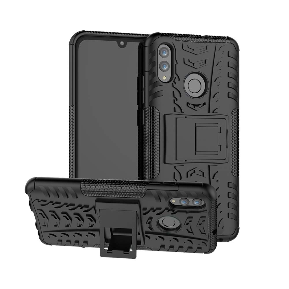 Shockproof TPU+PC Phone Case for Huawei Honor 10 Lite/P Smart (2019) - Durable Tire Texture Design with Holder - Perfect for Outdoor Activities, Travel & Daily Protection (Black)
