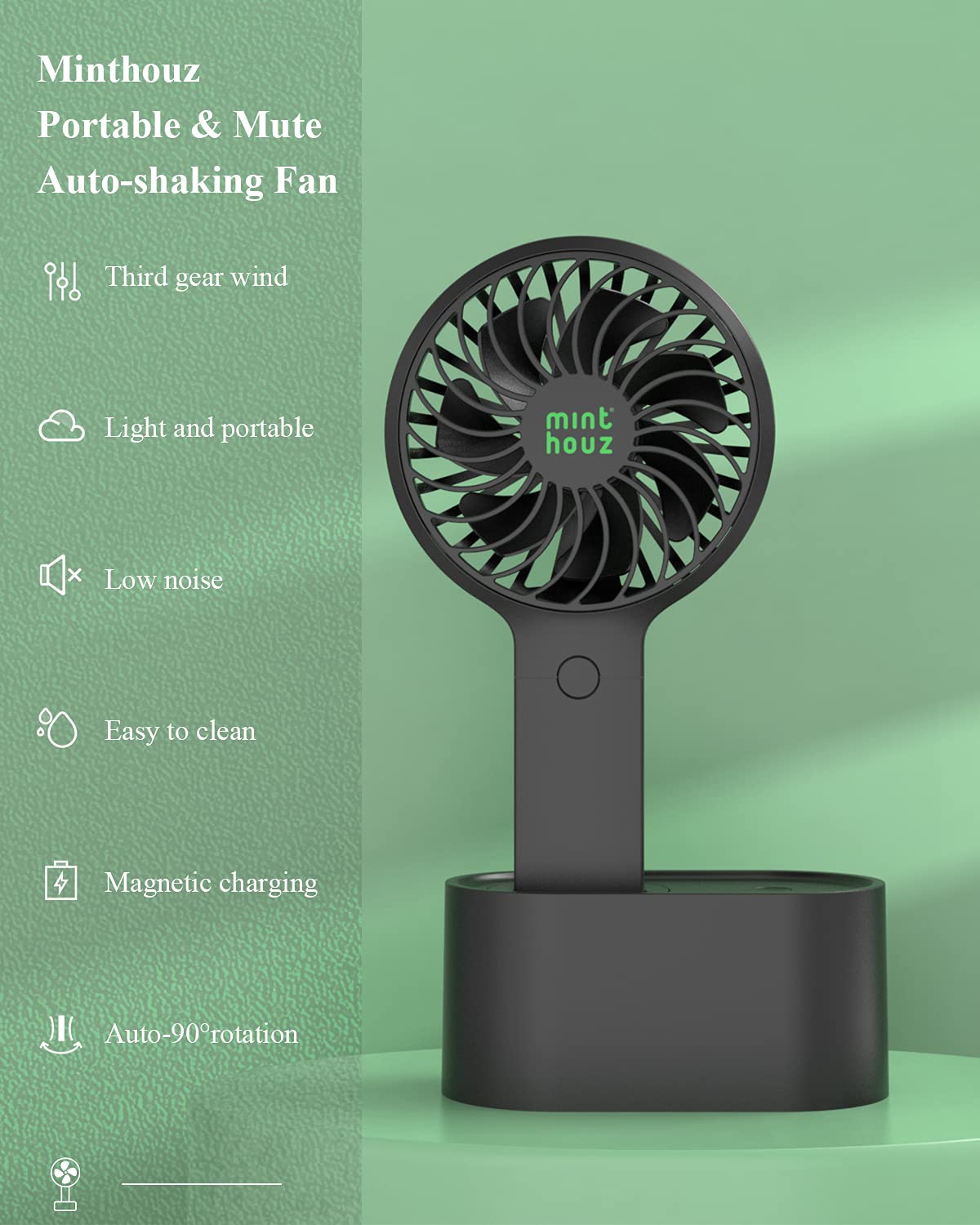 Minthouz Handheld Fan - Mini Portable USB Rechargeable Personal Fan with 90° Auto Head Shaking, 3 Speed Settings, 2000mAh Battery - Perfect for Office, Home, Travel, Gym & Outdoor Activities (Stylish Design for Women, Men & Kids)