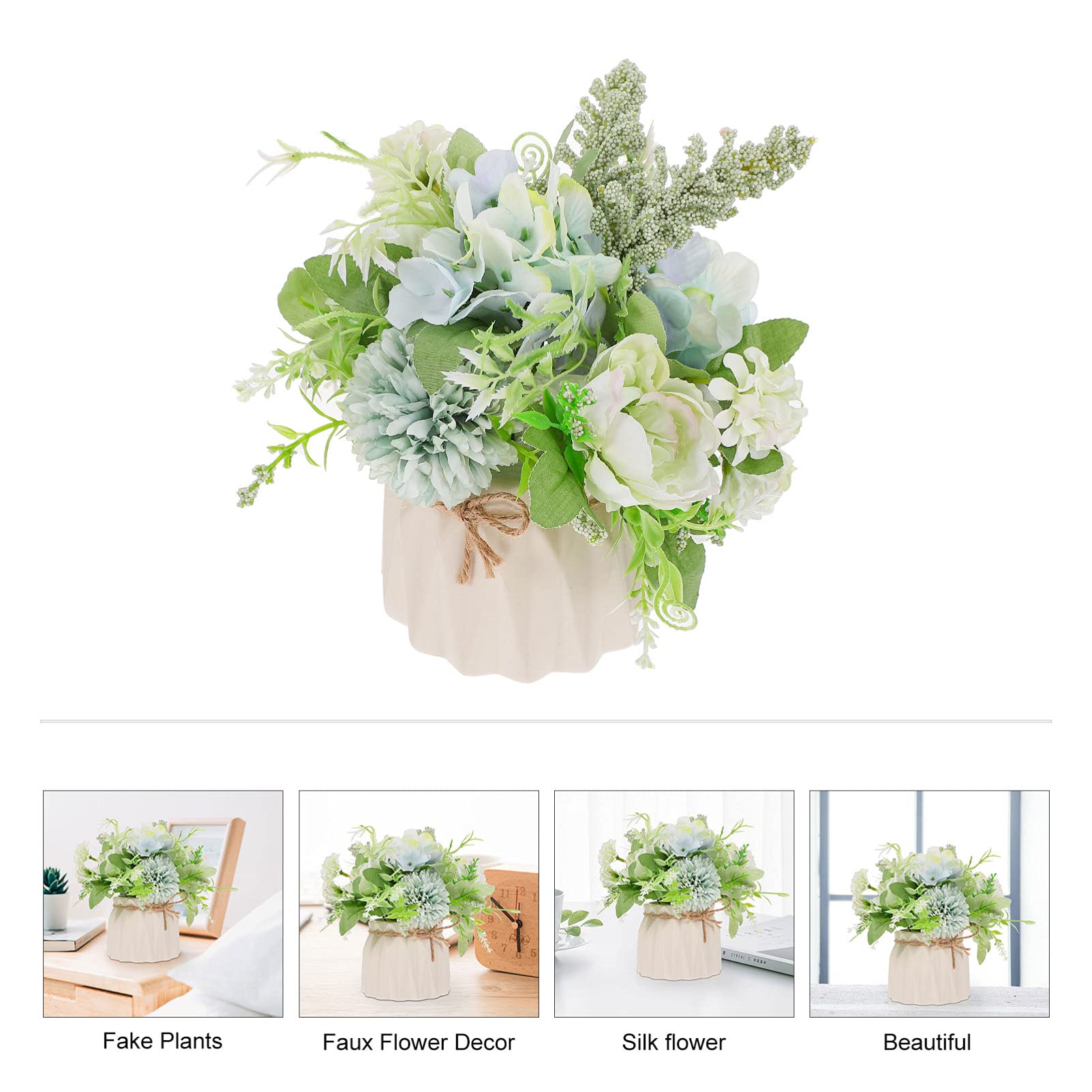 VOSAREA Artificial Rose Greenery Set - Silk Rose Flower & Ceramic Vase for Indoor Plants, Desk Decor, Home Office Decor | Faux Plants for Living Room, Bedroom, Wedding Centerpiece Decorations