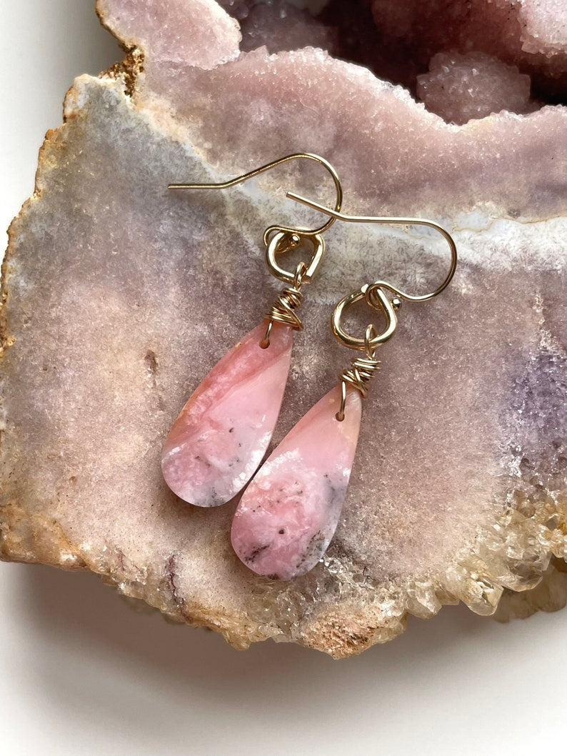Pink Opal Gold Filled Statement Crystal Gemstone Earrings for Women | Elegant Dangle Ear Jewelry for Party, Wedding & Special Occasions