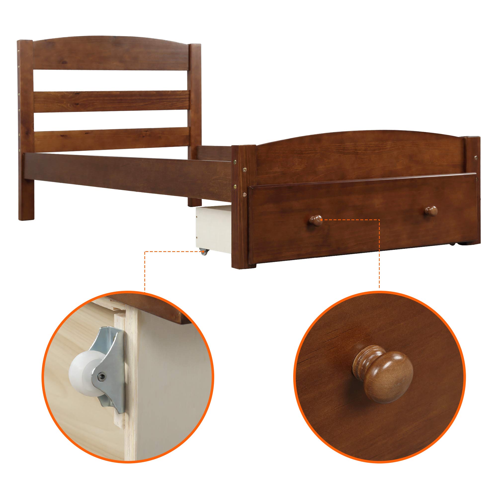 Rhomtree Twin Size Wood Platform Bed Frame with Storage Drawers & Wood Slat Support - No Box Spring Needed - Kids Captain Bed Daybed with Headboard & Footboard in Walnut Finish - Perfect for Kids' Bedrooms, Guest Rooms & Small Spaces