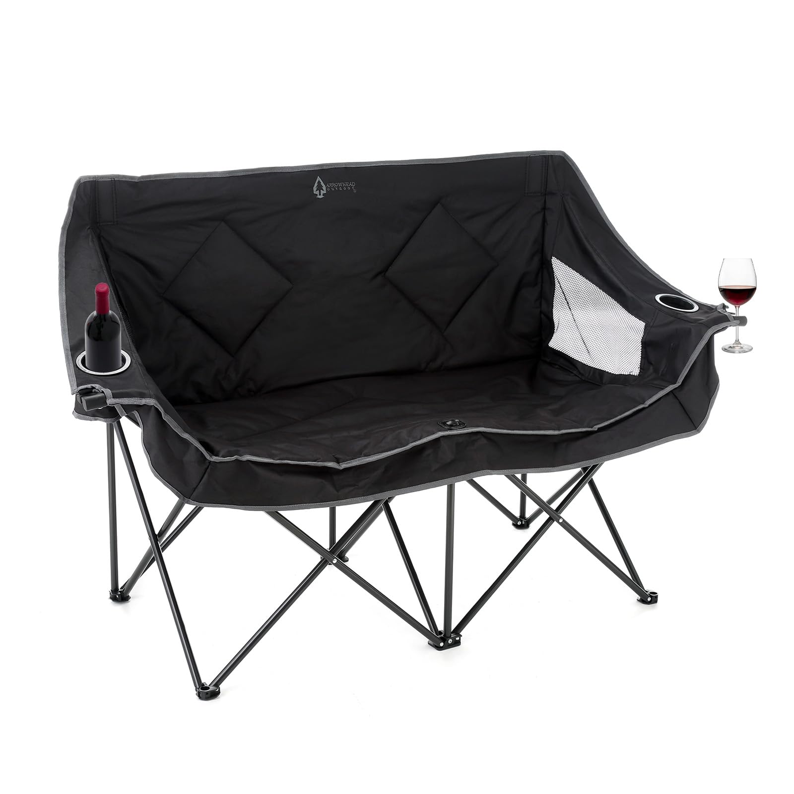 ARROWHEAD OUTDOOR Portable Folding Double Duo Camping Chair Loveseat - Heavy-Duty 500lb Capacity, Padded Seats & Armrests, 2 Cup & Wine Glass Holders, Includes Carrying Bag, Charcoal Black - Perfect for Camping, Beach, Backyard, and Outdoor Events