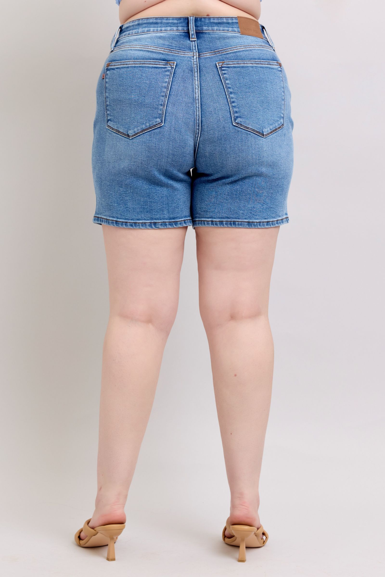 Judy Blue Women's High Waisted 2 Button Denim Shorts with Pockets - Comfortable Stretch Jeans for Summer, Casual Wear & Outfits