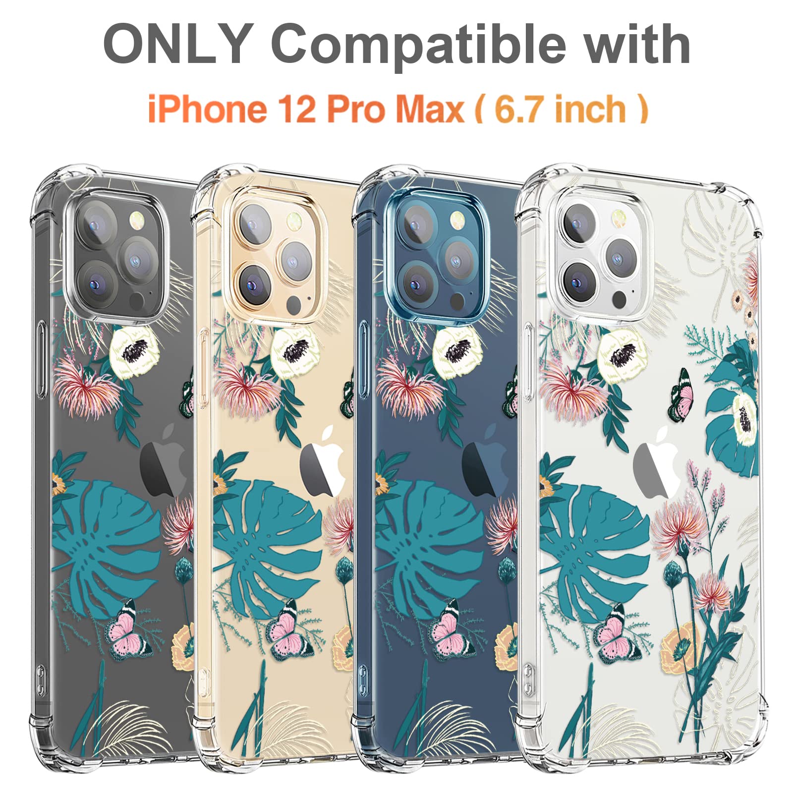 RoseParrot [5-in-1] iPhone 12 Pro Max Case with Screen Protector, Ring Holder & Waterproof Pouch - Floral Pattern Clear Soft Flexible Protective Cover (P-Butterfly) - Perfect for Daily Use, Travel & Outdoor Activities