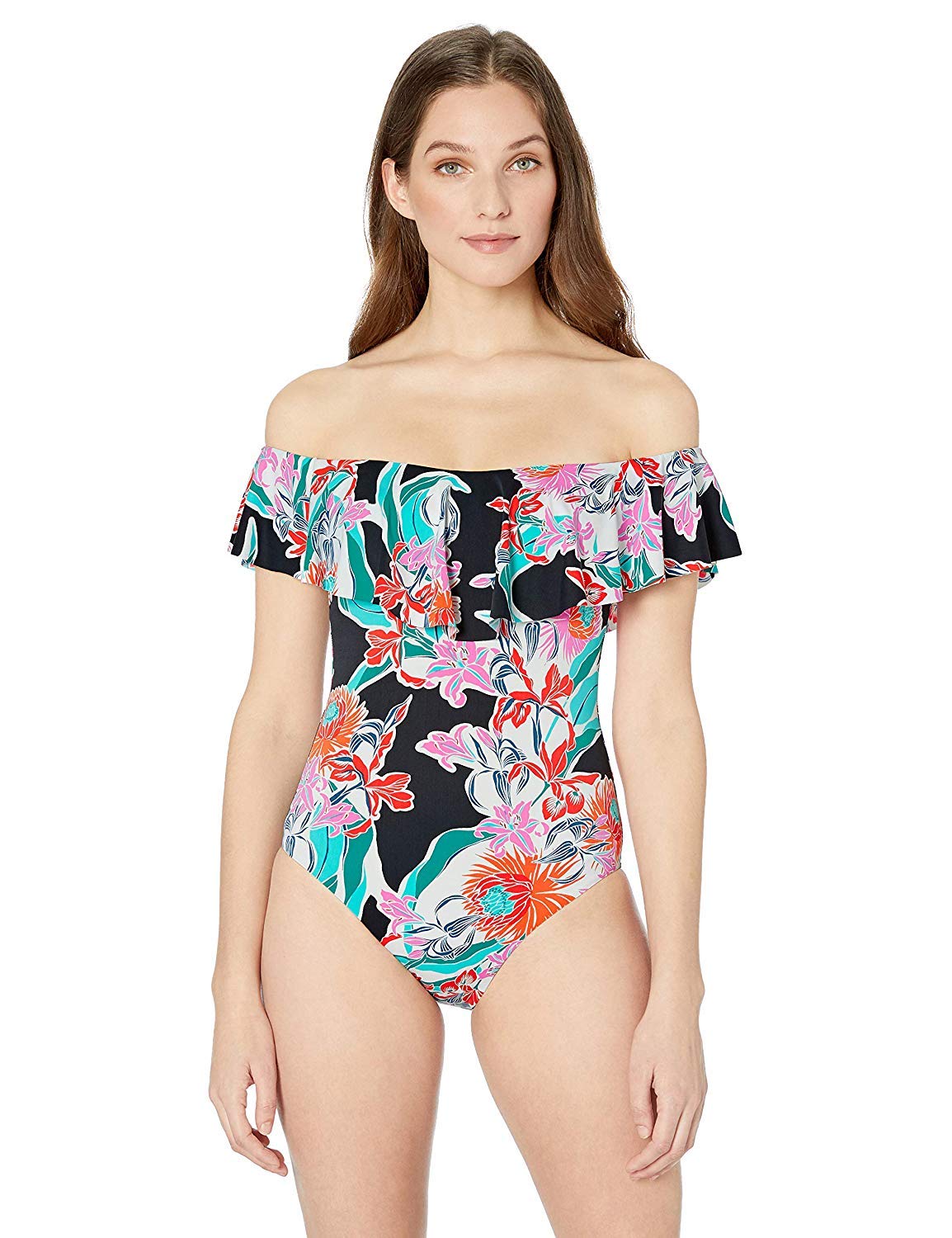 Trina Turk Women's Off-Shoulder Ruffle Bandeau One-Piece Swimsuit | Sexy Summer Bathing Suit for Beach & Pool | Perfect for Vacations, Resorts, and Tropical Getaways