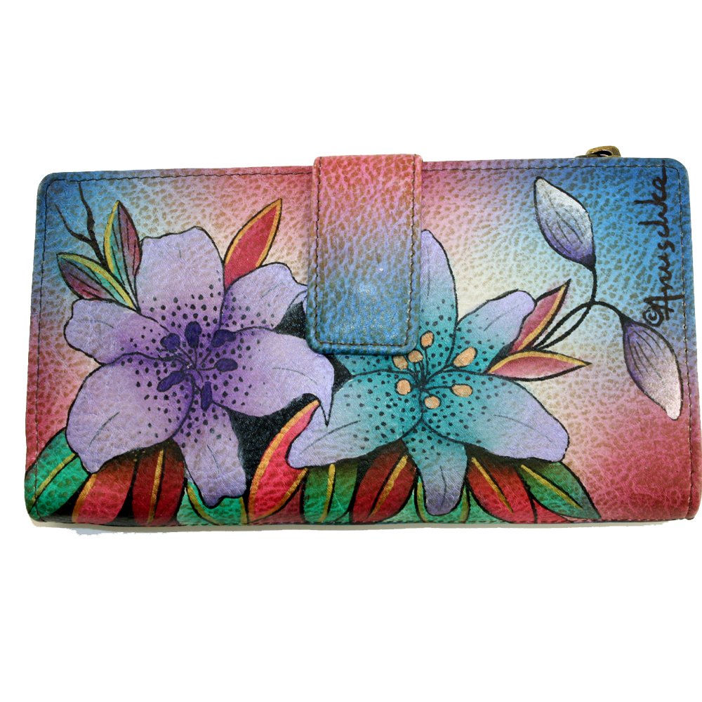 Anuschka Hand Painted Genuine Leather Wallet Clutch - Floral Lily Design - Women's Fashion Accessory for Parties, Weddings & Everyday Use