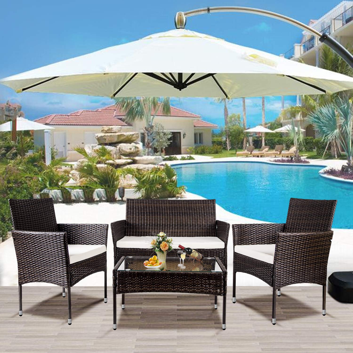 4-Piece Outdoor Patio Furniture Set - Rattan Wicker Sofa & Chairs with Cushions & Glass Table - Brown & Beige Garden Conversation Set for Backyard, Poolside, Deck or Terrace Relaxation