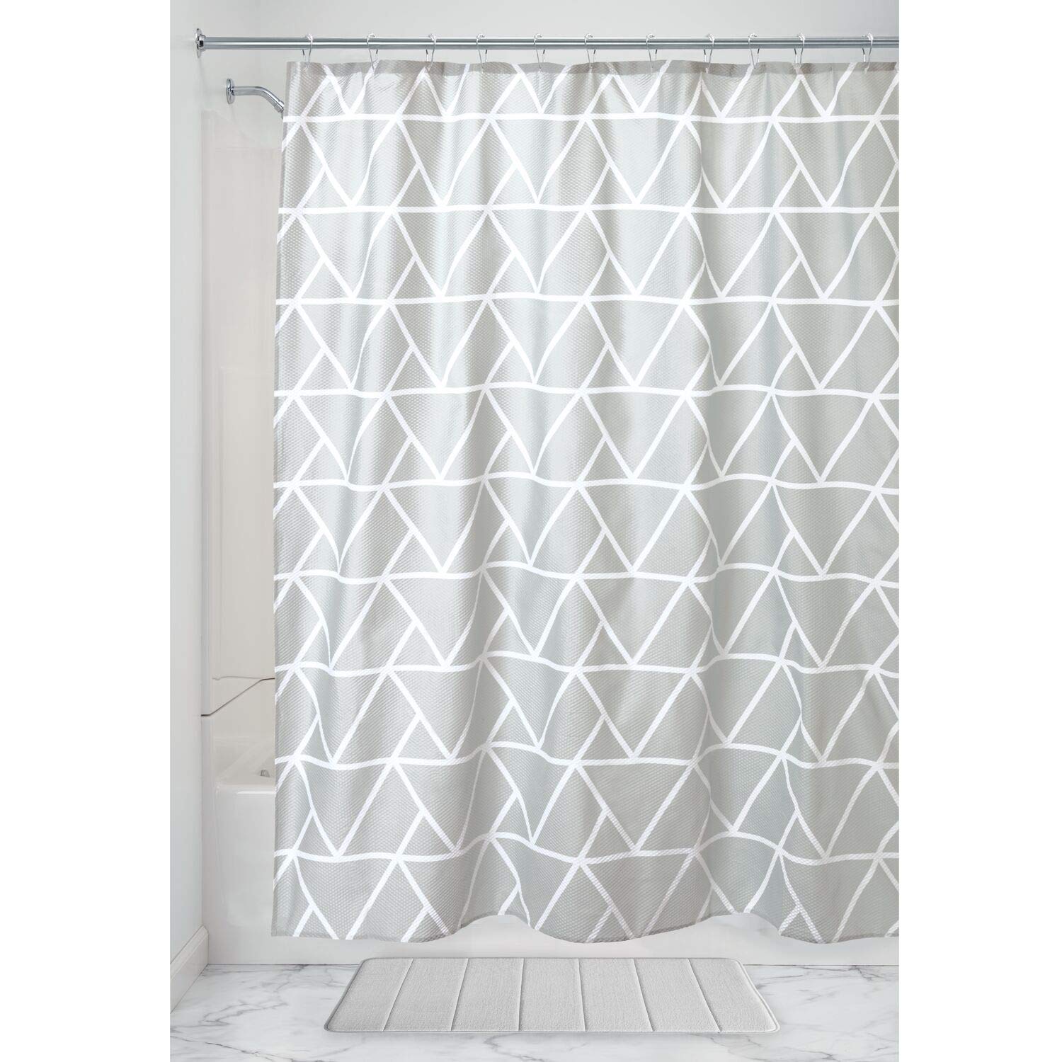iDesign Connected Triangle Fabric Bathroom Shower Curtain - Waterproof Polyester Shower Liner with 12 Hooks, Modern Geometric Pattern for Bathroom Decor, Perfect for Home, Apartment, and Hotel Use