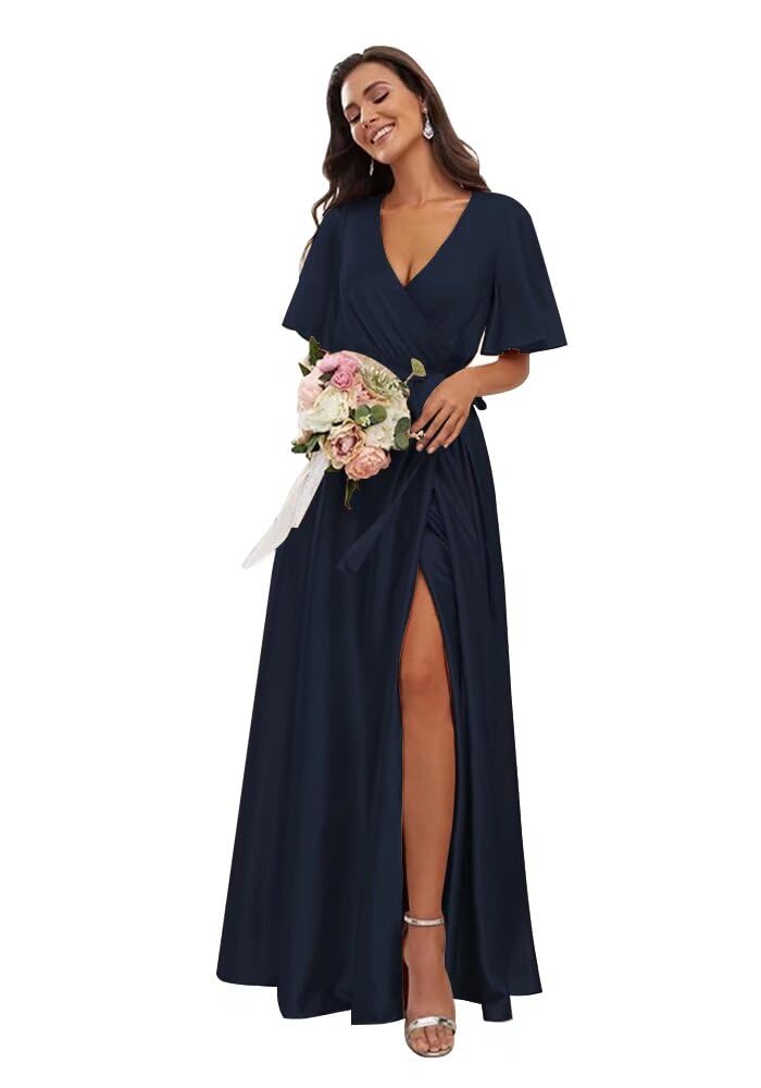 Dexinyuan Women's Elegant V-Neck Satin Bridesmaid Dress with Thigh High Slit & Sleeve Pockets - Long Formal Evening Gown for Weddings, Prom, Cocktail Parties & Special Occasions