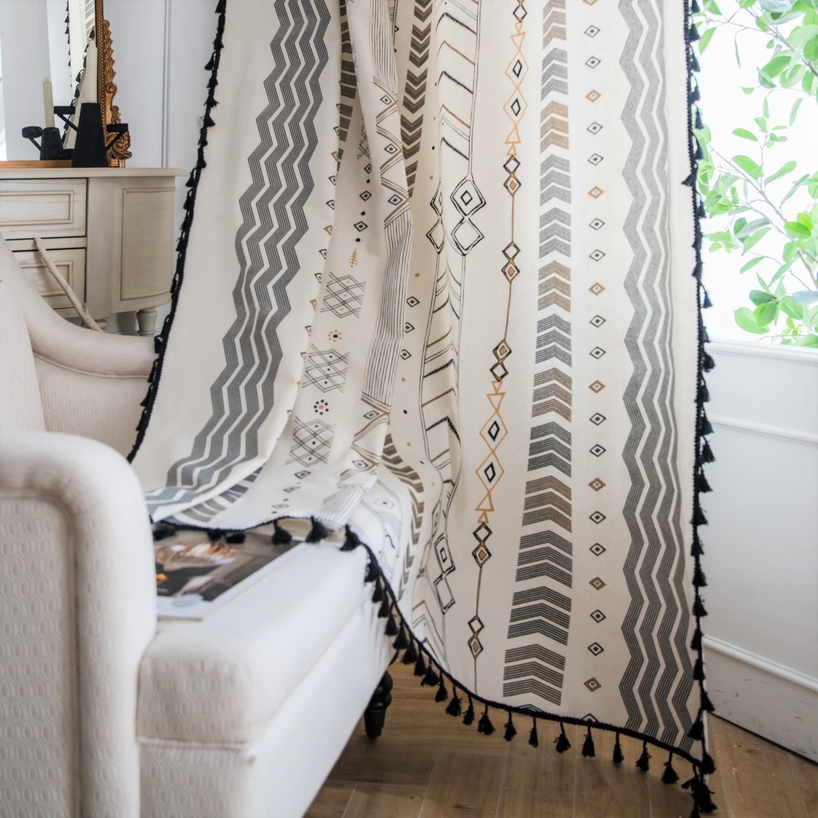 Boho Curtains for Bedroom & Living Room - Cotton Linen Semi Blackout Drapes with Tassels & Geometric Print, Farmhouse Bohemian Window Curtains, Rod Pocket Design (1 Panel) - Perfect for Home Decor, Nursery, Apartment & Dorm Room