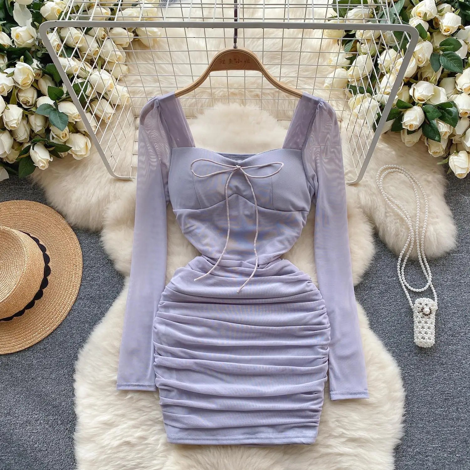 Elegant Black & Pink Mesh Mini Dress for Women - French Purple Square Collar Lace-Up Pleated Party Dress | Perfect for Date Night, Cocktail Parties & Special Occasions