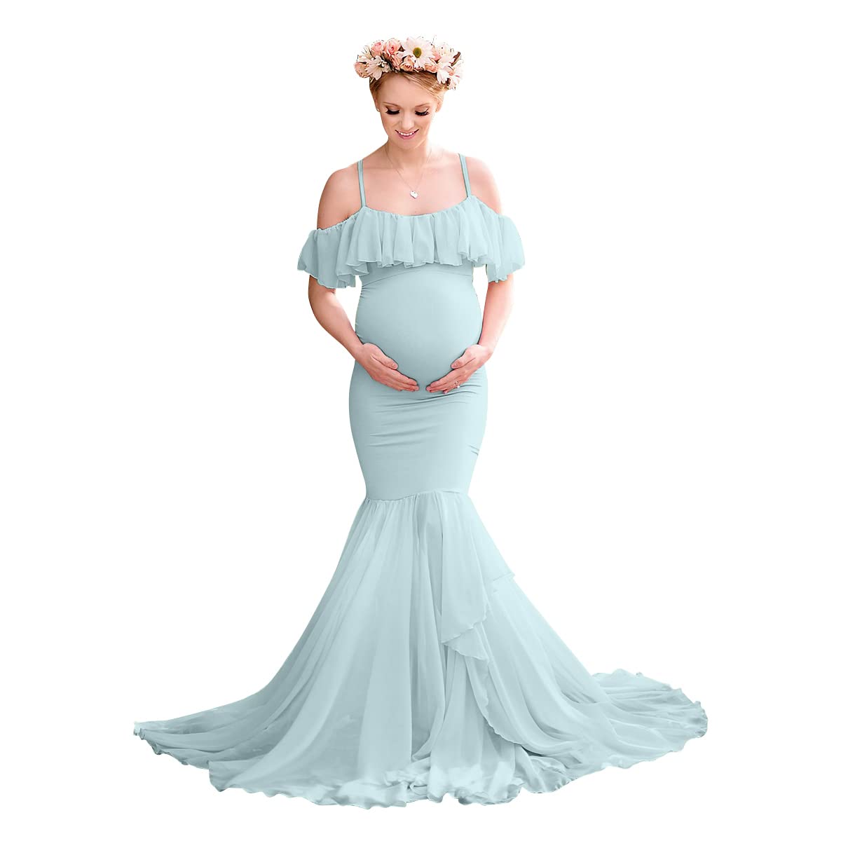 Elegant Women's Spaghetti Strap Ruffle Floral Lace Maternity Dress - Photoshoot & Baby Shower Gown | Mermaid Silhouette Off-Shoulder Pregnancy Dress for Special Occasions