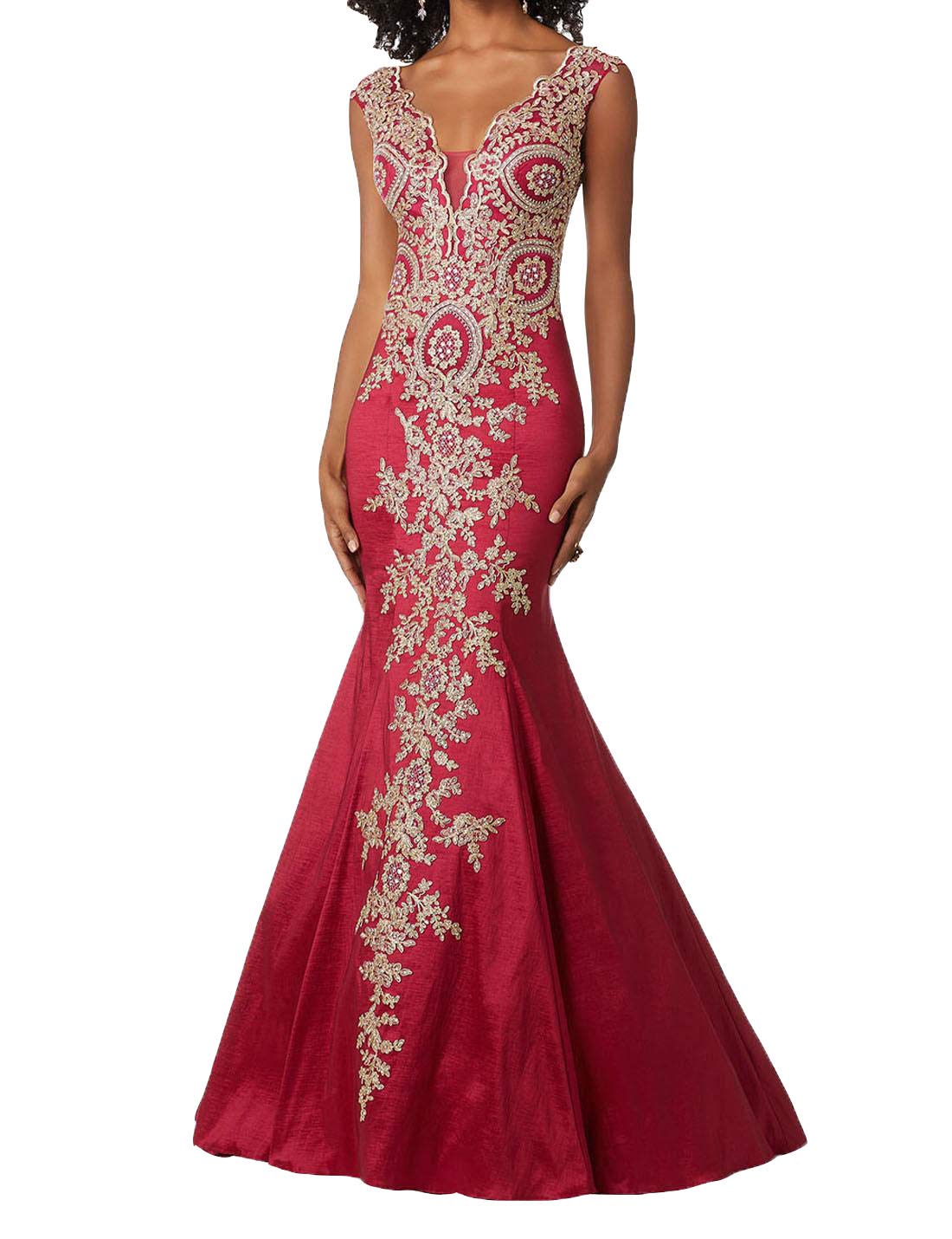 Emanni Women's Gold Lace Appliques Mermaid Evening Dress Long Prom Gown Formal Party Dress for Weddings, Galas & Special Occasions