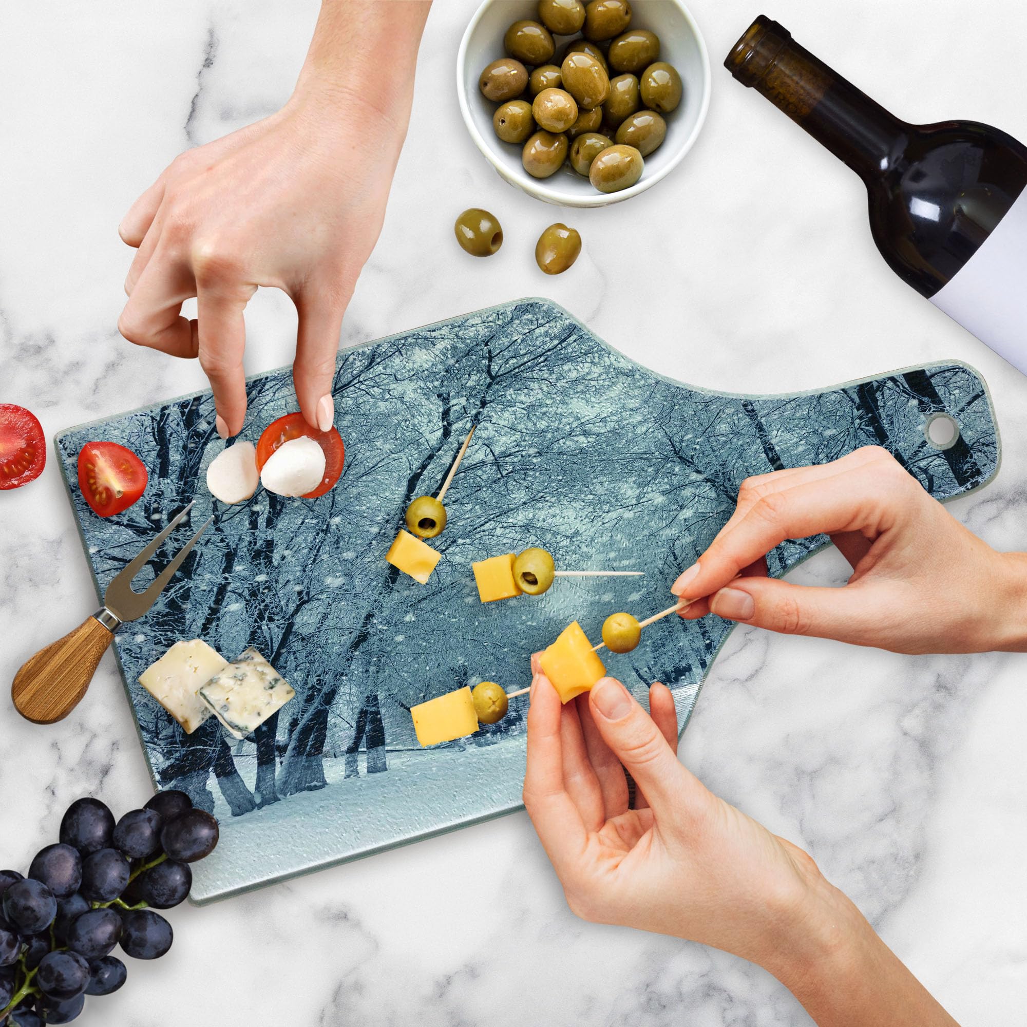 Ambesonne Winter Themed Tempered Glass Cutting Board - Snowy Forest Scenery with Wine Bottle Shape - Durable Serving Board for Cheese, Charcuterie & Holiday Entertaining - Pale Blue, Black & White Decorative Kitchen Accessory