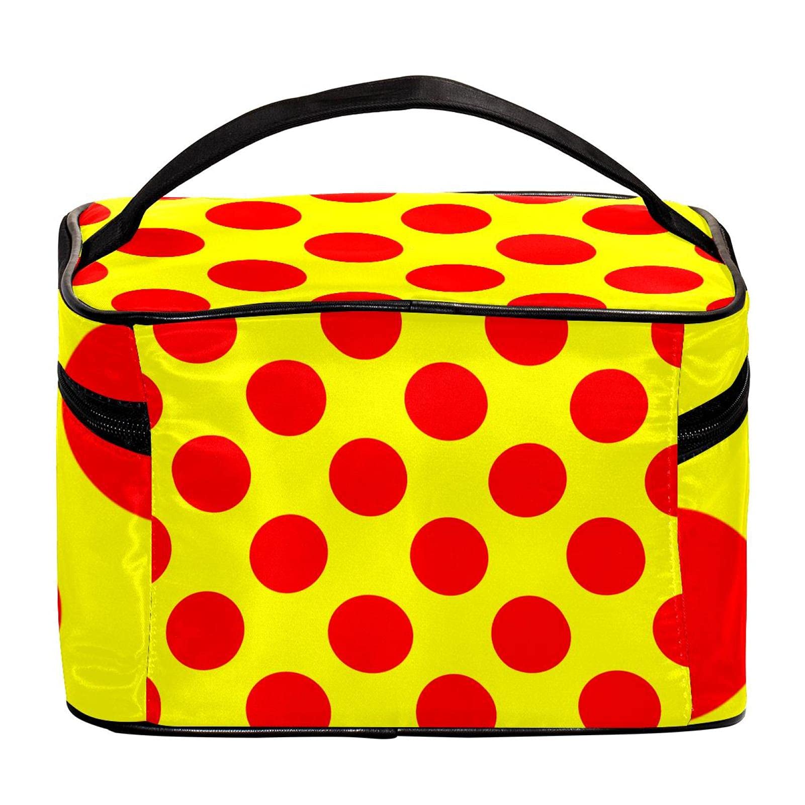 Red Polka Dots Yellow Pattern Large Travel Makeup Bag - Waterproof Cosmetic Organizer with Zipper for Women & Girls | Perfect for Vacation, Gym & Daily Essentials Storage