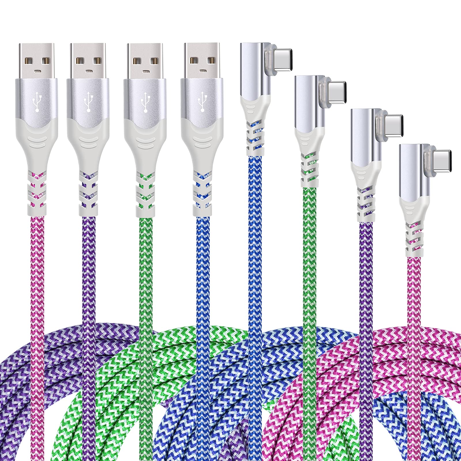 Eversame 4-Pack 10FT Right Angle USB C Cable - Nylon Braided Fast Charging Type C Charger Cord for Samsung Galaxy S24/S23/S22/S21/S20/S8/S9/S10 Plus, Note 10+, iPhone 15 Pro Max - Perfect for Home, Office & Travel Charging
