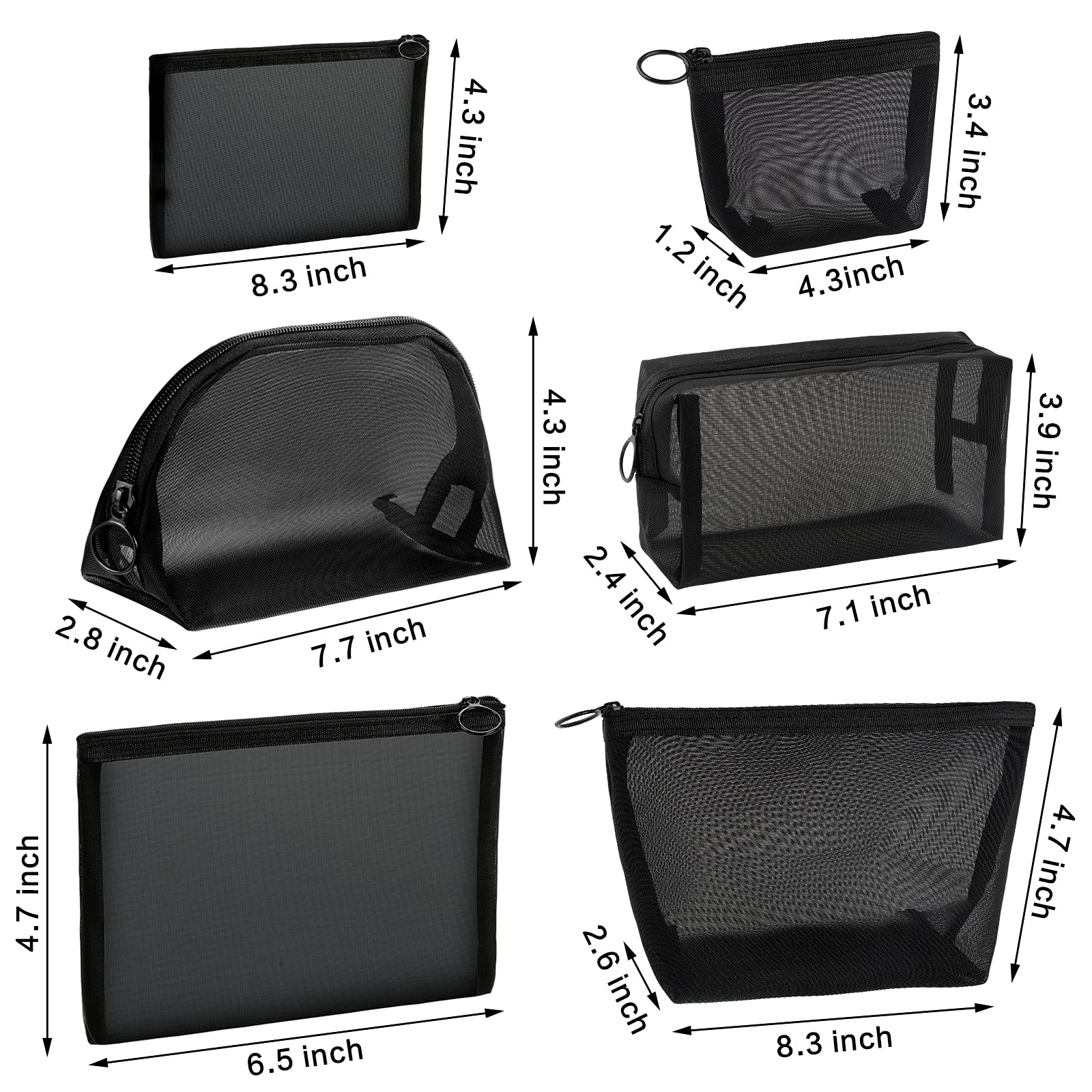 6-Piece Black Mesh Zipper Pouch Set - Breathable Travel Toiletry Bags for Cosmetics, Jewelry & Essentials - Perfect for Home, Office & Vacation Organization (Portable Storage Solution)