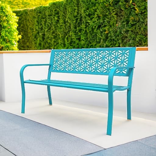 VINGLI 50 Inch Heavy Duty Outdoor Metal Garden Bench with Floral Back Design, 800lb Weight Capacity - Blue - Perfect for Patio, Front Porch, Yard, Park & Entryway Seating