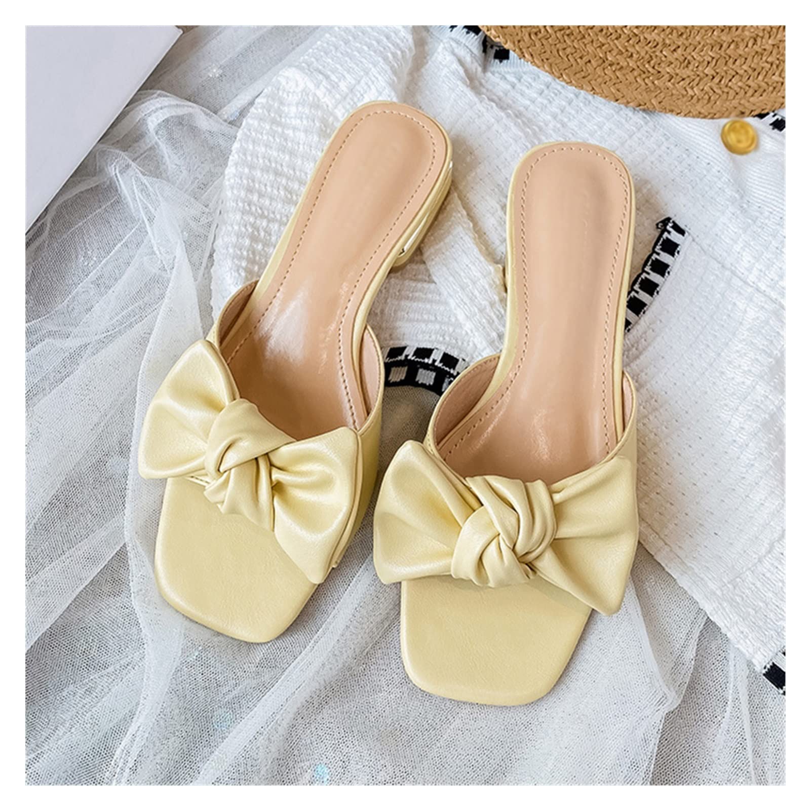 JSJFXZ Women's Summer Low-Heeled Slippers - Fashion Casual White Bowknot Sandals Size 42 | Comfortable House Shoes for Relaxing at Home, Beach Wear & Casual Outings