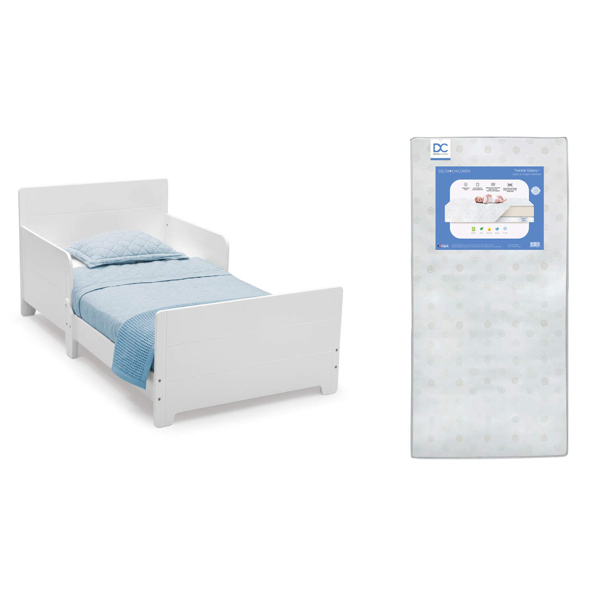 Delta Children MySize Toddler Bed - White Bianca with Dual-Sided Recycled Fiber Core Mattress, 2 Attached Safety Guardrails, 50 lbs Weight Limit (30