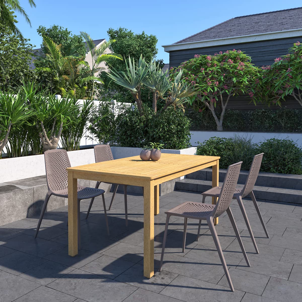 Premium Eucalyptus Wood Outdoor Dining Table with Teak Finish - Weather-Resistant Patio Table for Backyard, Garden & Poolside - Light Brown Wooden Table for Al Fresco Dining & Entertaining