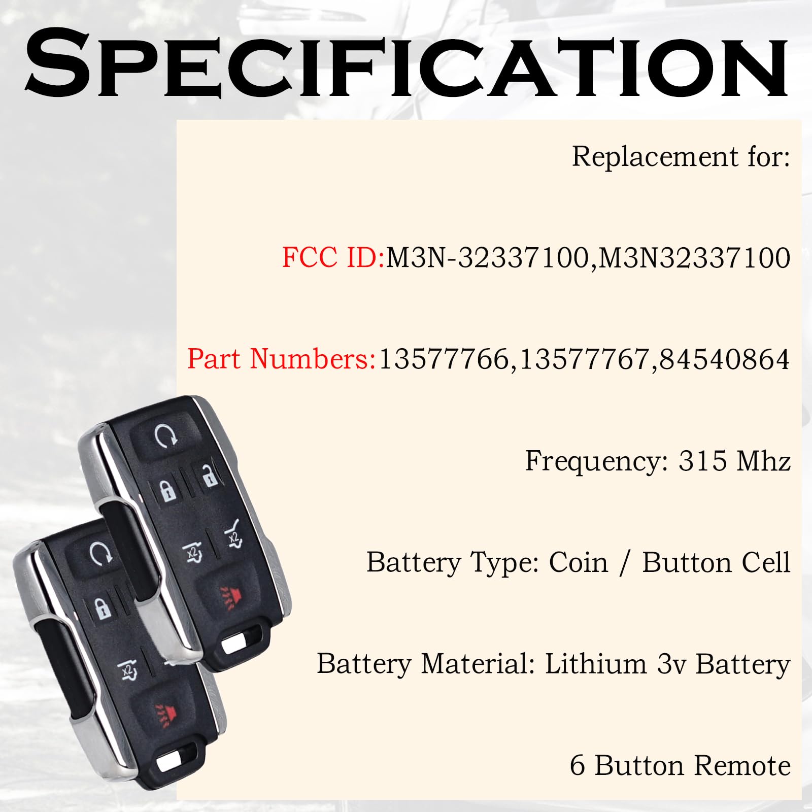 Chevy Tahoe GMC Yukon Key Fob Replacement (2015-2020) - 6 Button Remote Start Keyless Entry M3N-32337100 13577766 - Pack of 2 - Perfect for Suburban, Yukon XL Denali - Ideal for Car Owners & Auto Repair Shops