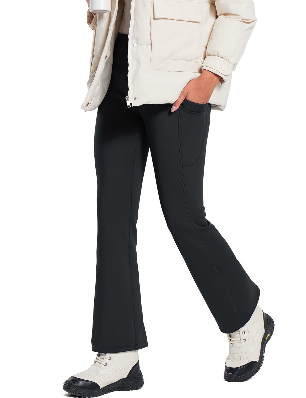 Baleaf Women's Fleece Lined Leggings - Winter Warm Thermal Yoga Pants with Tummy Control, Side Pockets & Bootcut Design for Skiing, Snowboarding & Cold Weather Activities