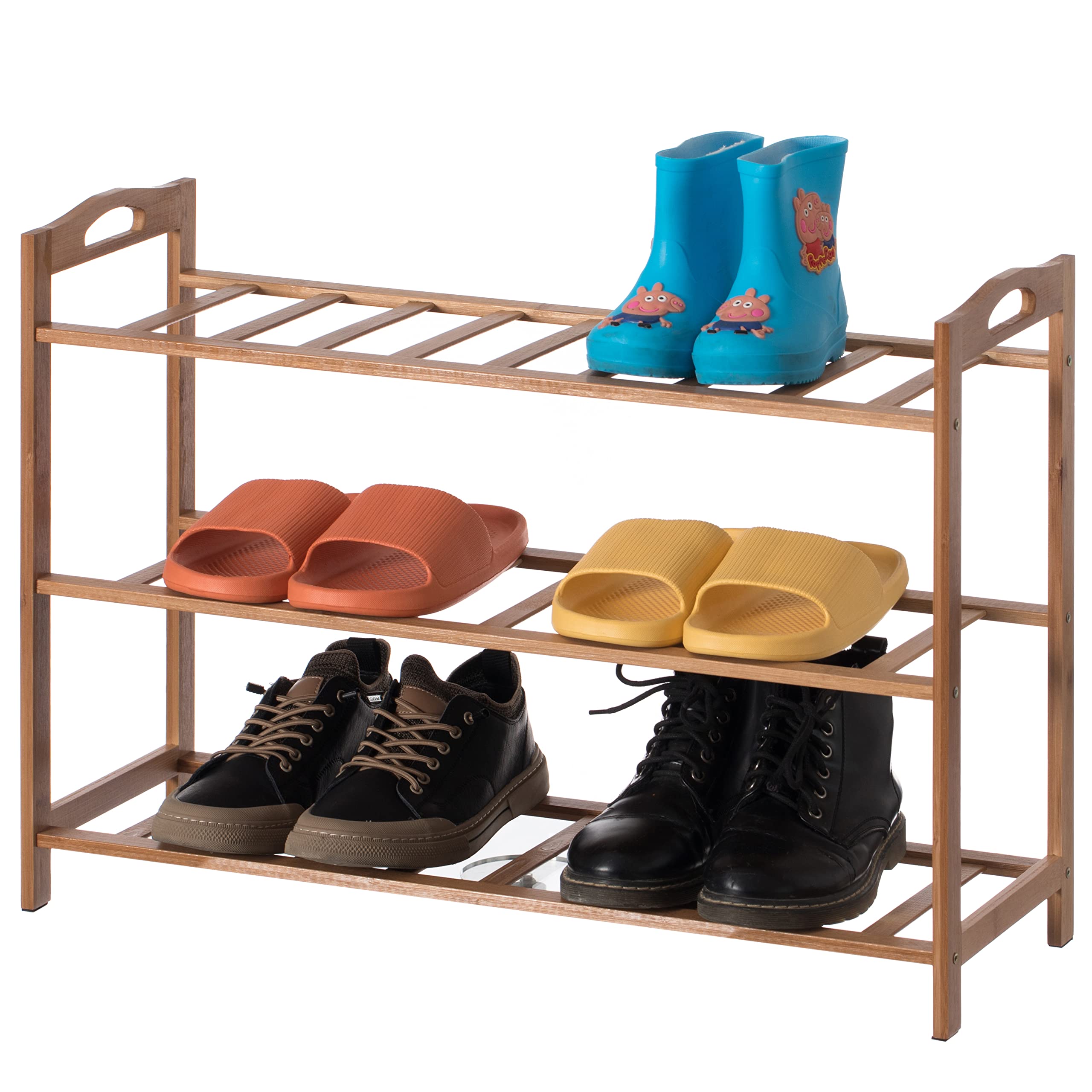 Basicwise 3-Tier Bamboo Shoe Rack Organizer - Free Standing Shoe Storage Shelf for Entryway, Closet & Bedroom - Space Saving Shoe Organizer for Men & Women