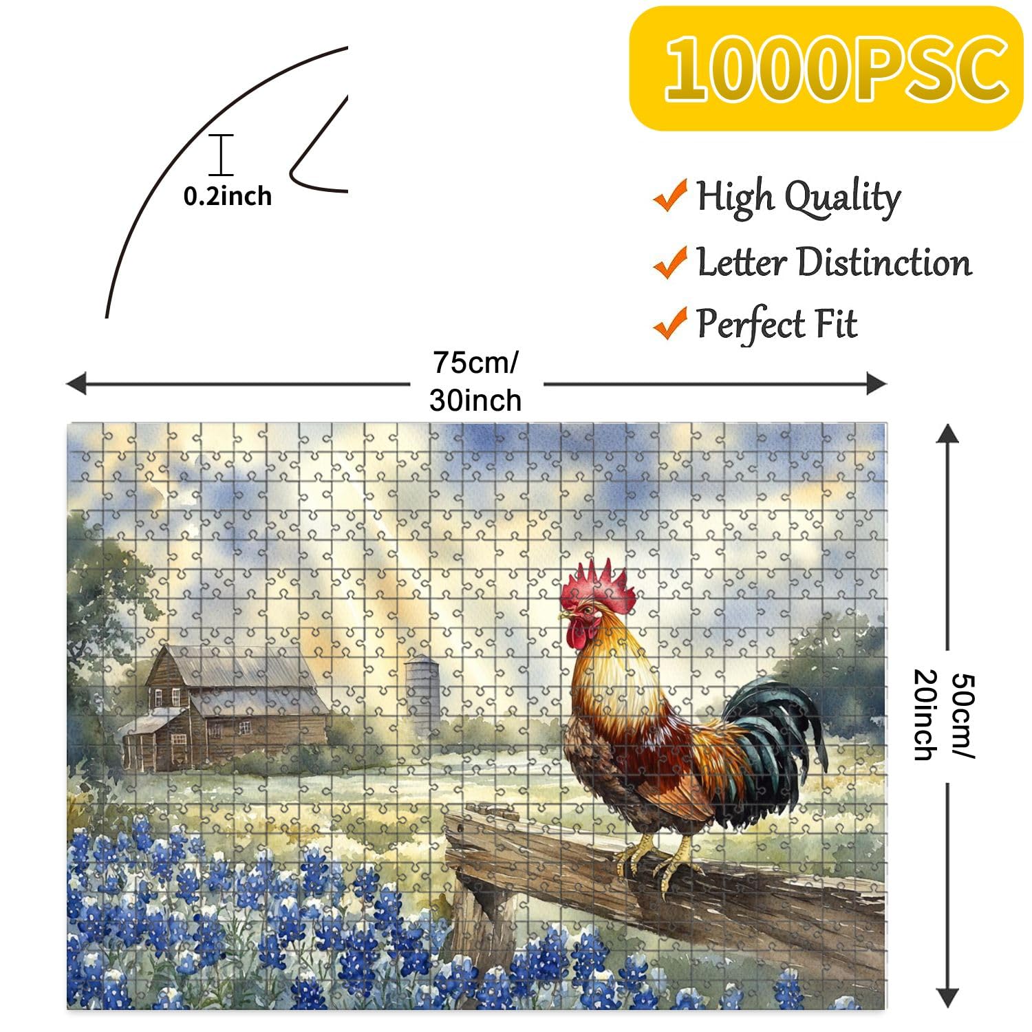 1000 Piece Jigsaw Puzzle for Adults & Kids - Texas Farm Scene with Rooster, Fence & Bluebonnets - Challenging Educational Family Puzzle (29.5